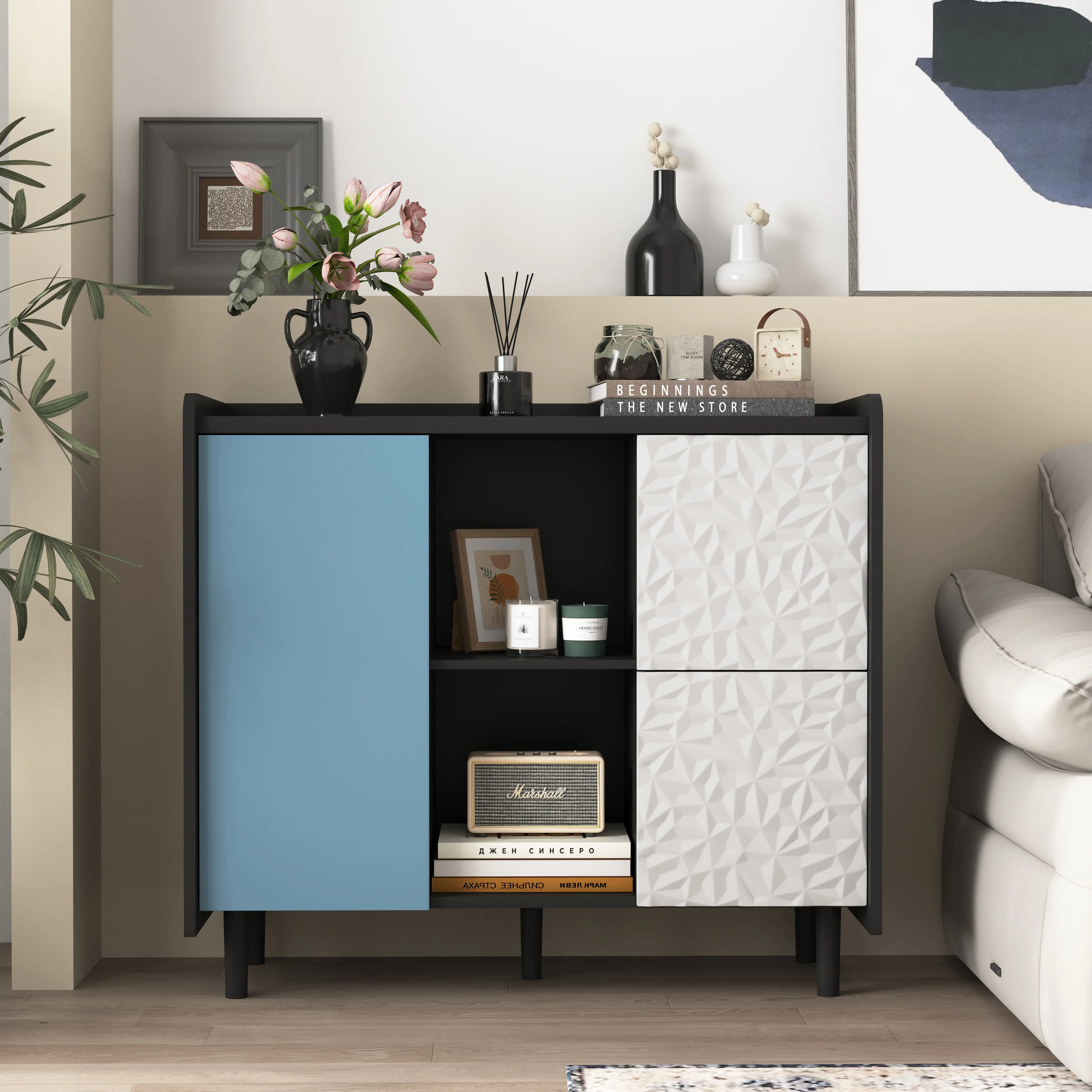 Sideboard Buffet Cabinet 2 Drawers 2 Open Storage - Black/Blue Doors - Image 5