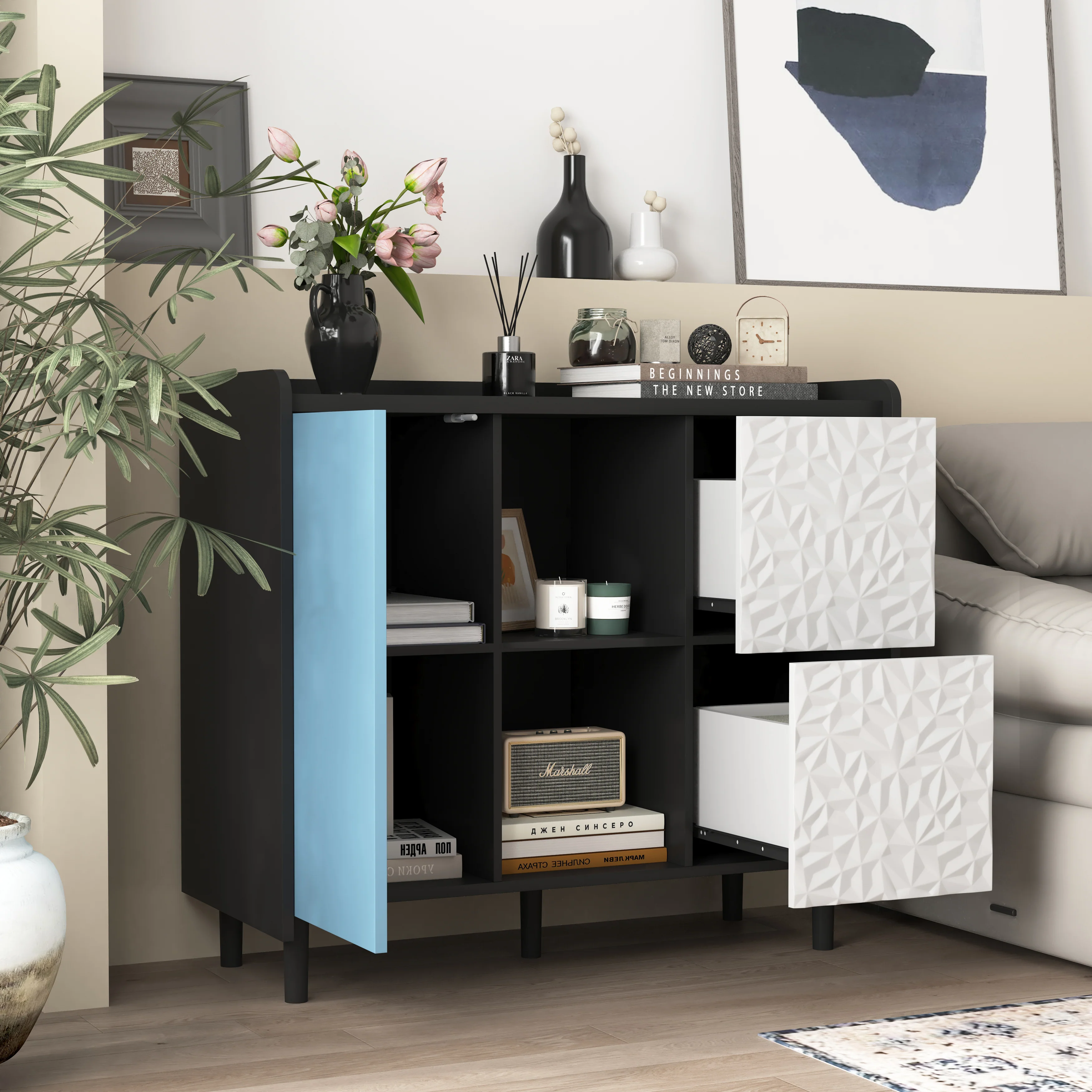 Sideboard Buffet Cabinet 2 Drawers 2 Open Storage - Black/Blue Doors - Image 6