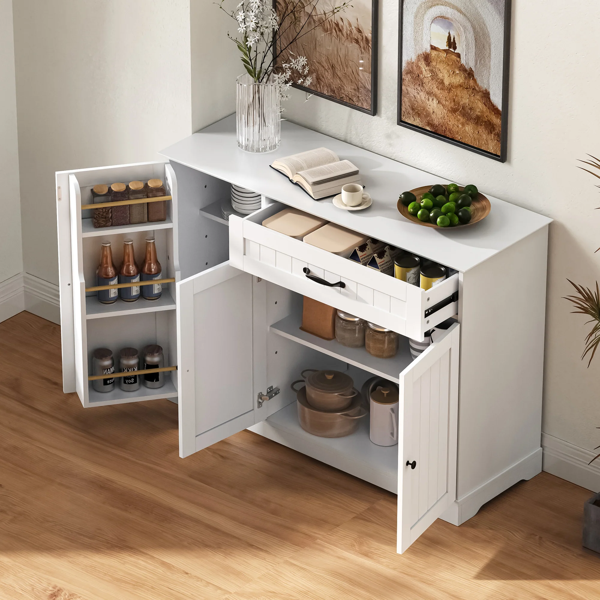 Sideboard Buffet Cabinet 3 Doors 1 Drawer - White - Image 3