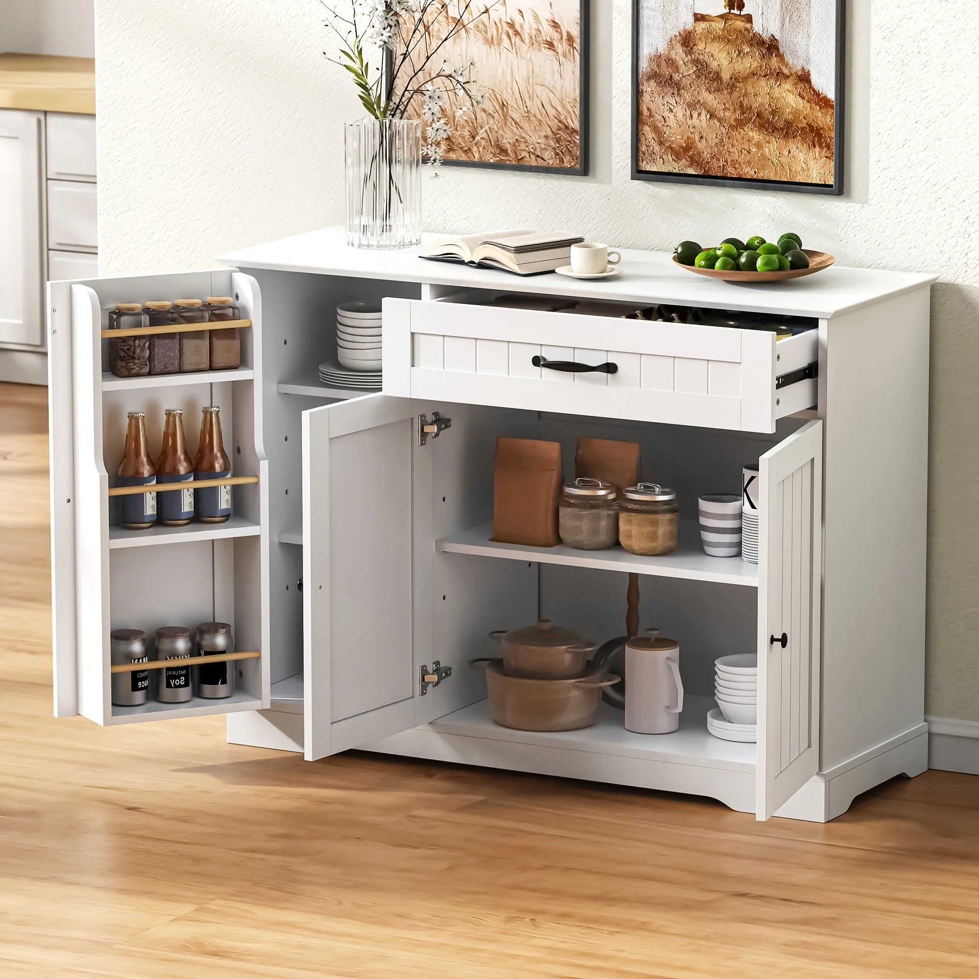 Sideboard Buffet Cabinet 3 Doors 1 Drawer - White - Image 4