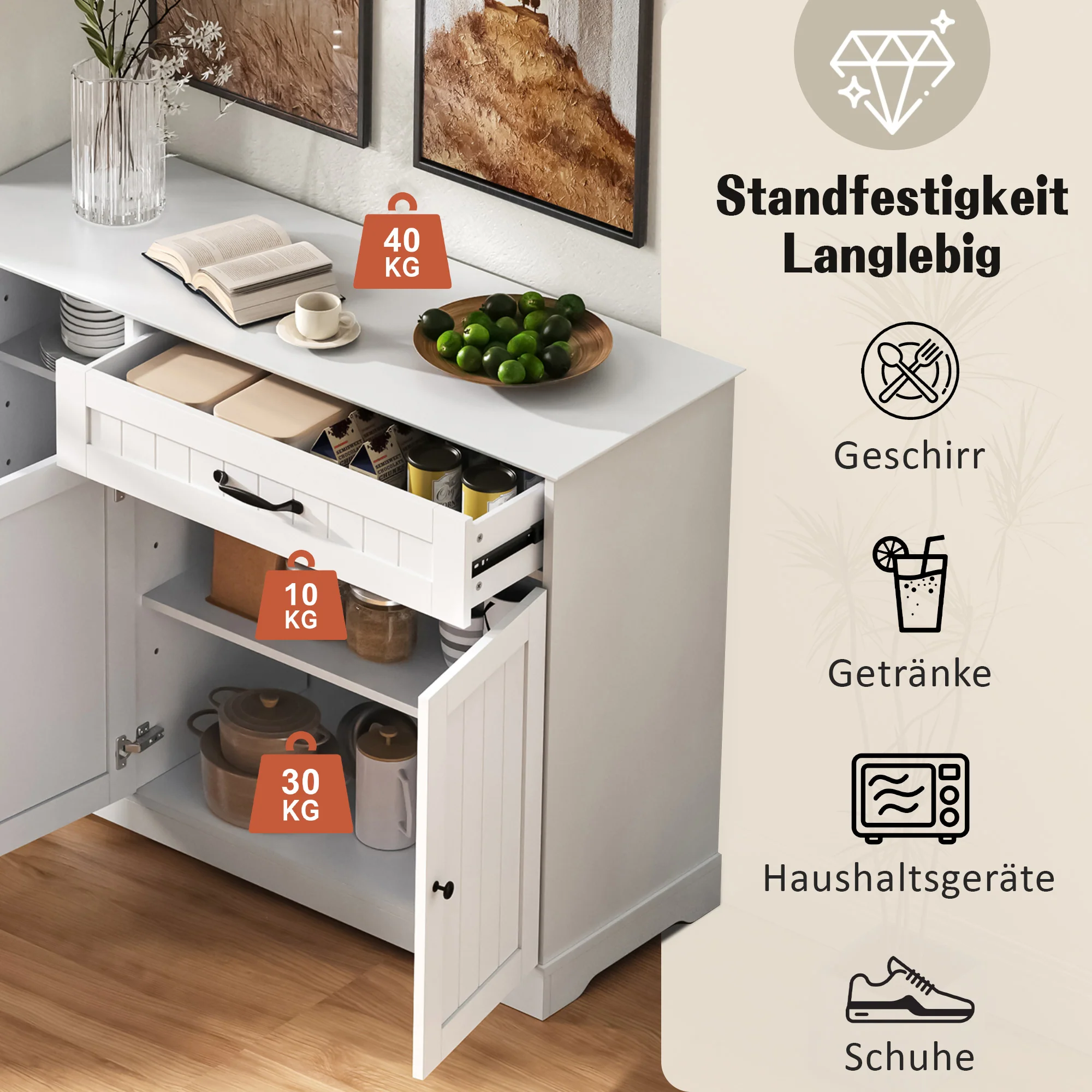 Sideboard Buffet Cabinet 3 Doors 1 Drawer - White - Image 7
