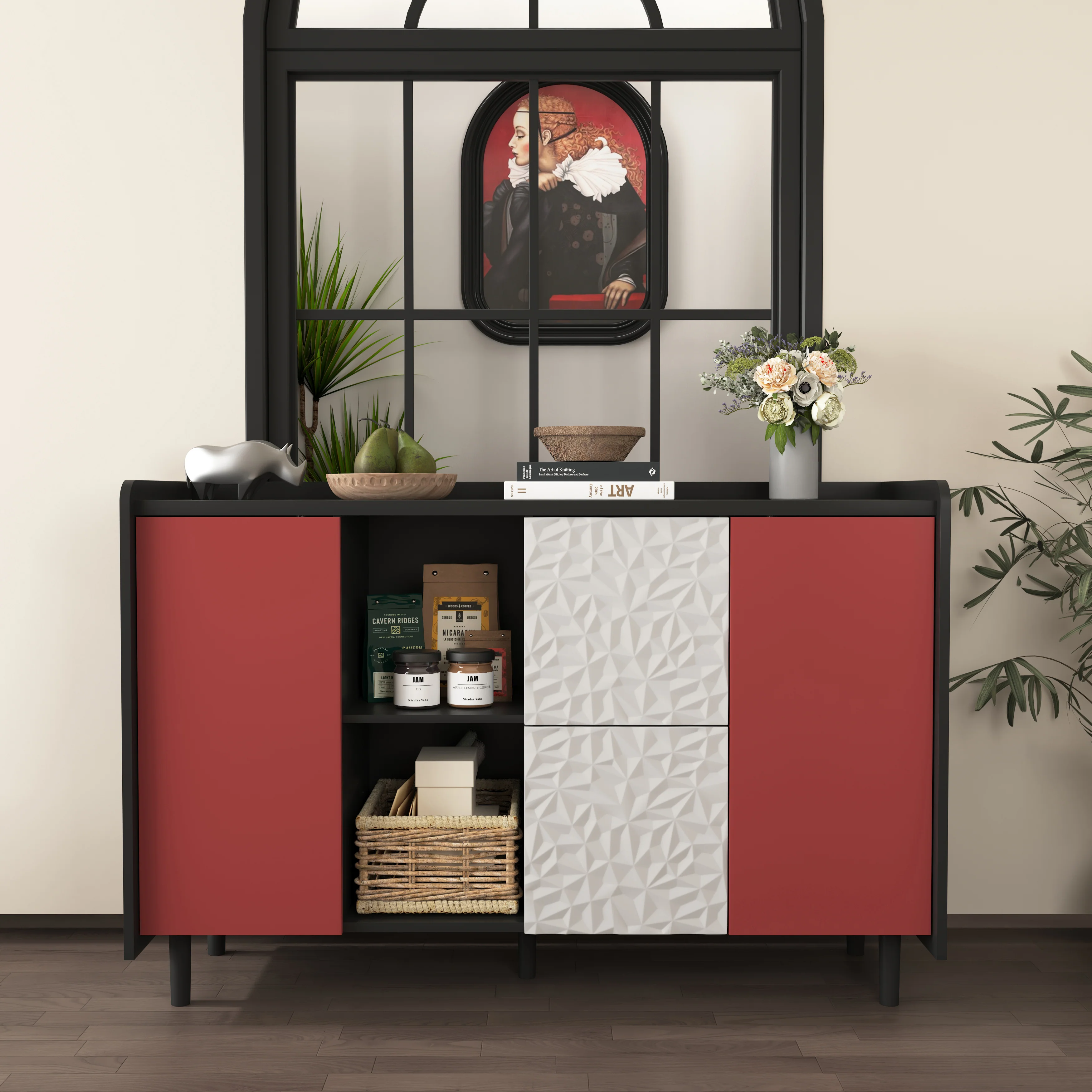 Sideboard Buffet Cabinet with 2 Drawers & Open Storage, Panel Styling - Black/Red - Image 9