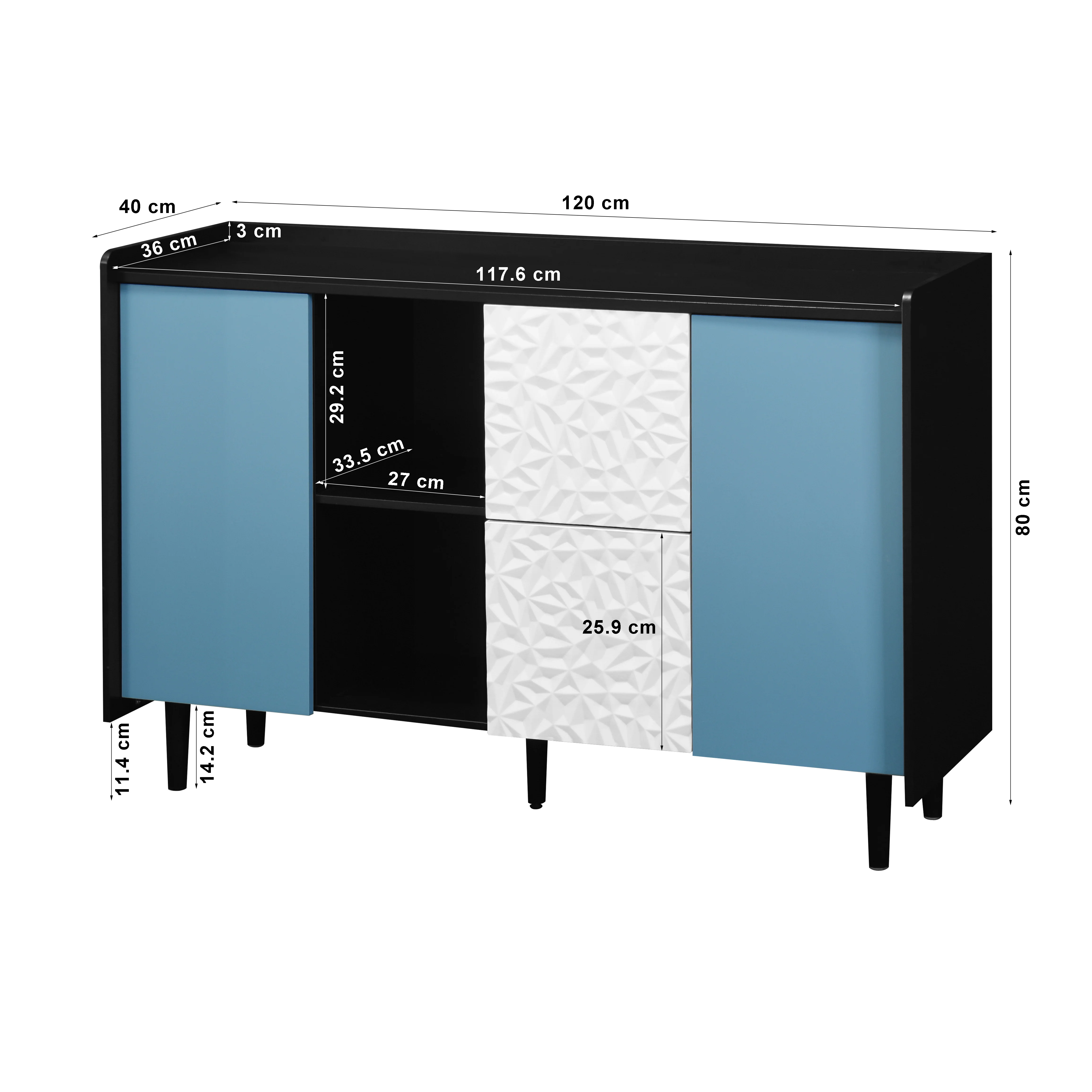 Sideboard Buffet Cabinet with Unique Panel Blue Doors, 2 Drawers Open Storage, Black - Image 2