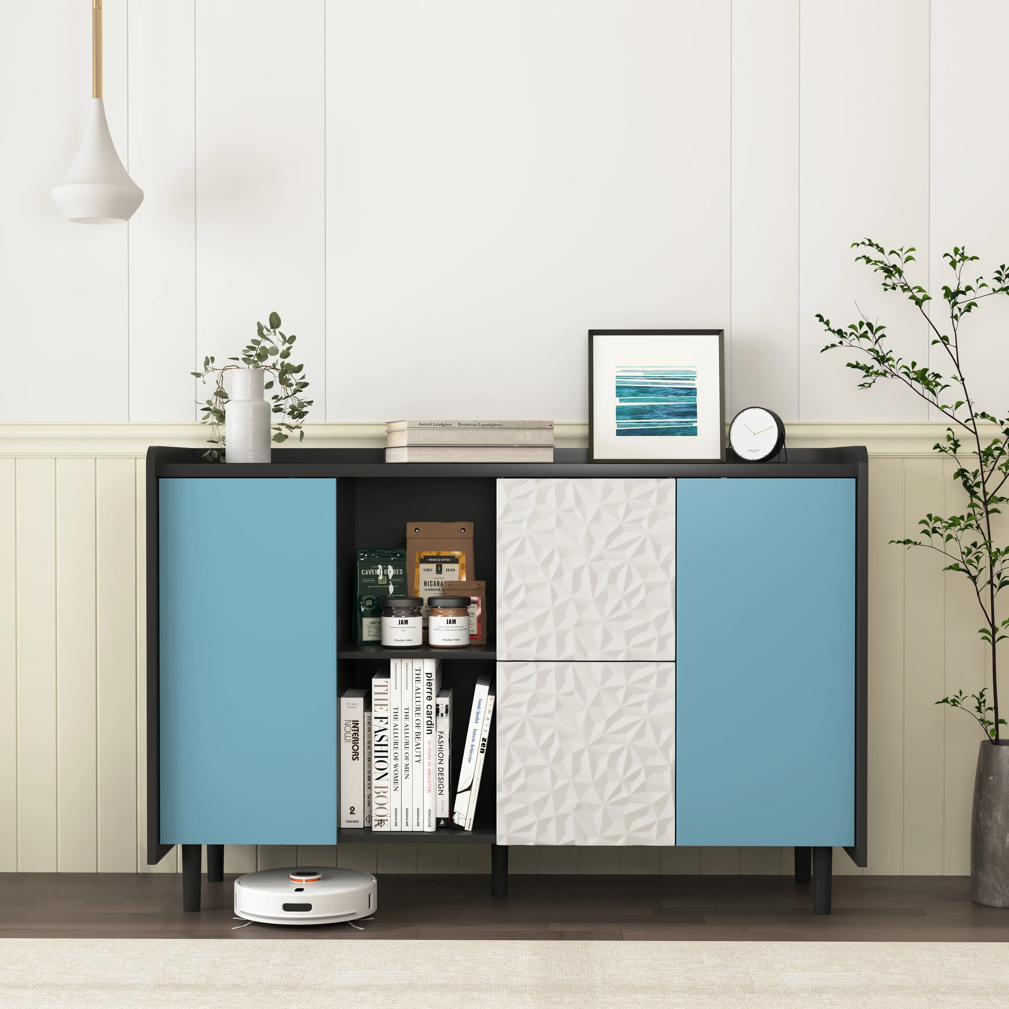 Sideboard Buffet Cabinet with Unique Panel Blue Doors, 2 Drawers Open Storage, Black - Image 4