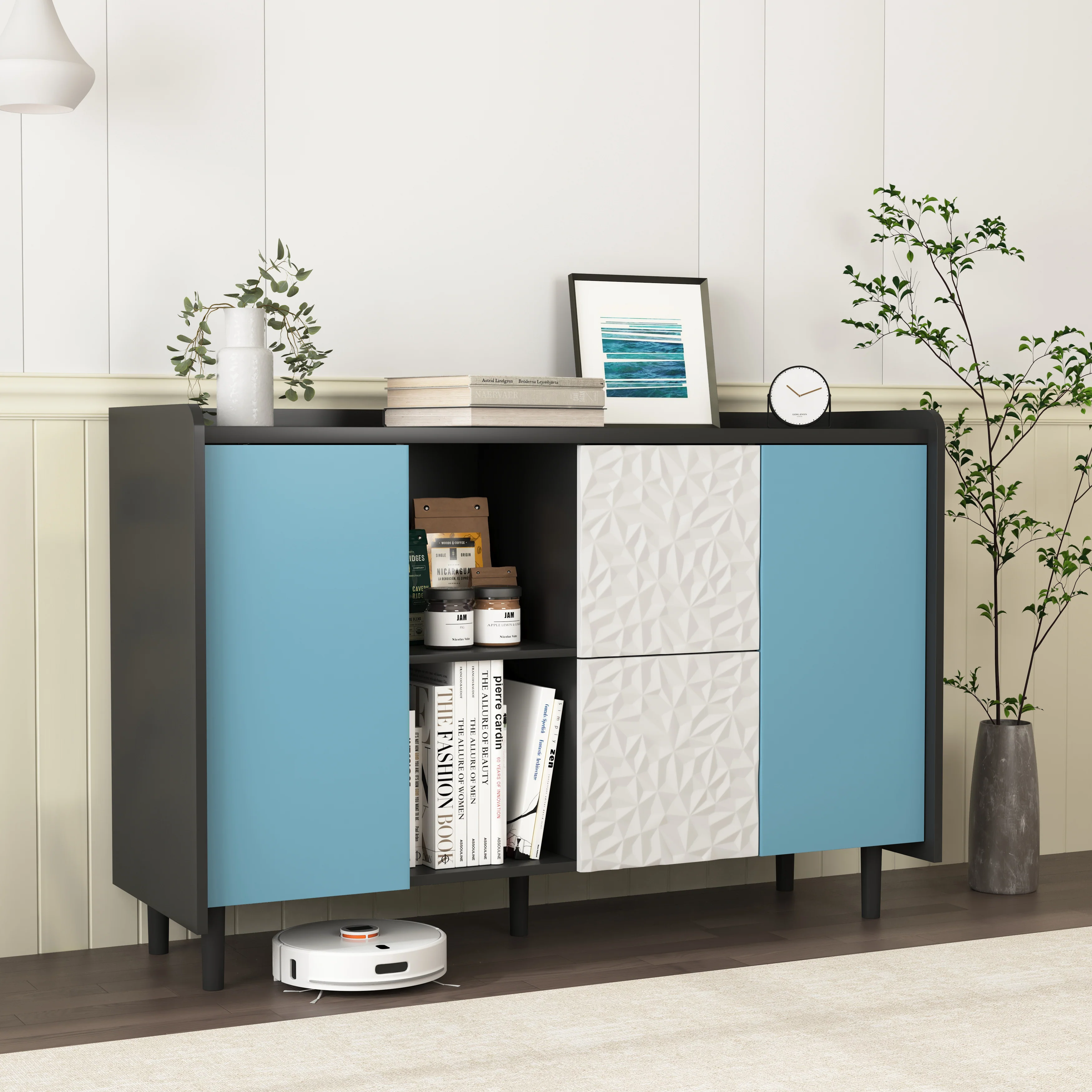 Sideboard Buffet Cabinet with Unique Panel Blue Doors, 2 Drawers Open Storage, Black - Image 5