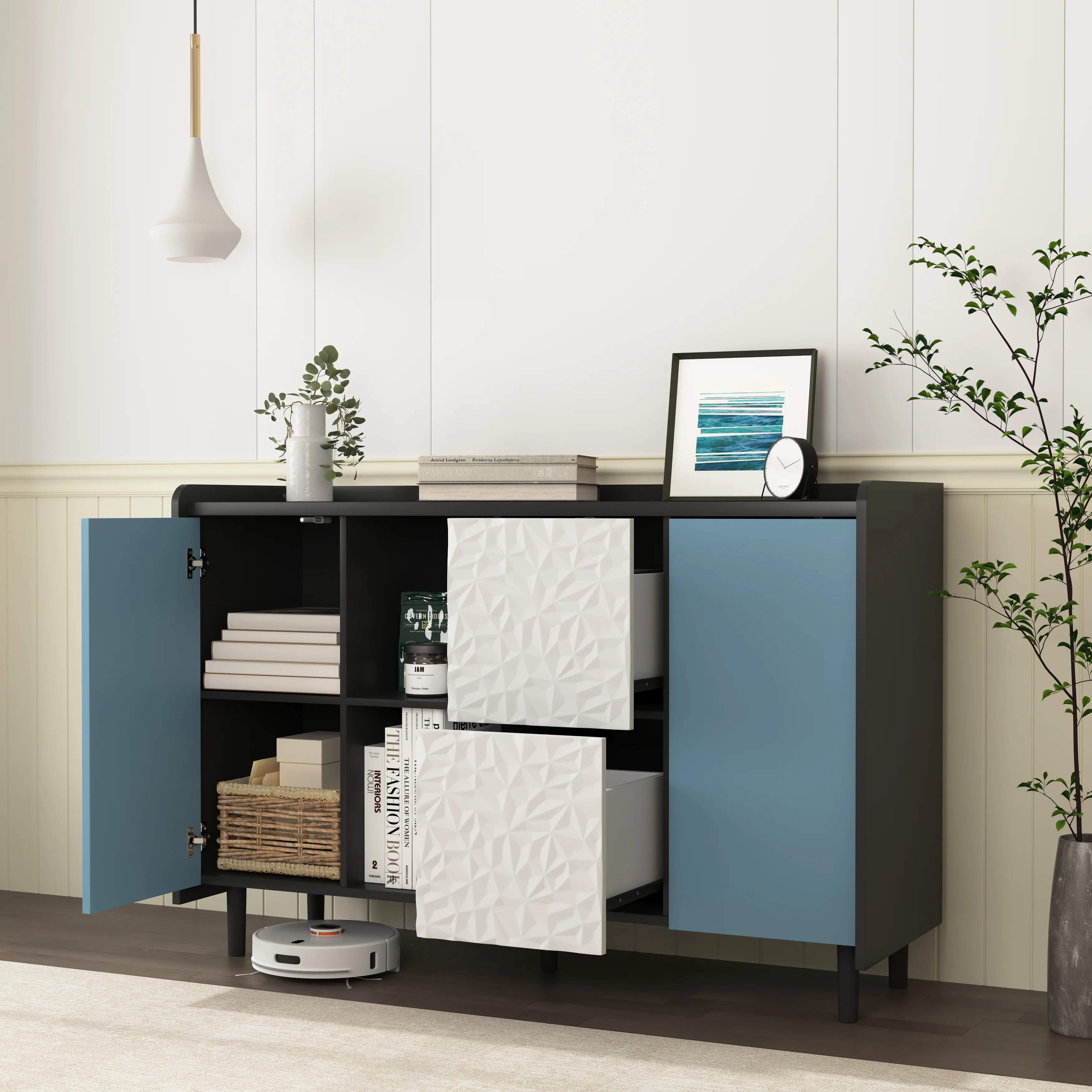 Sideboard Buffet Cabinet with Unique Panel Blue Doors, 2 Drawers Open Storage, Black - Image 7
