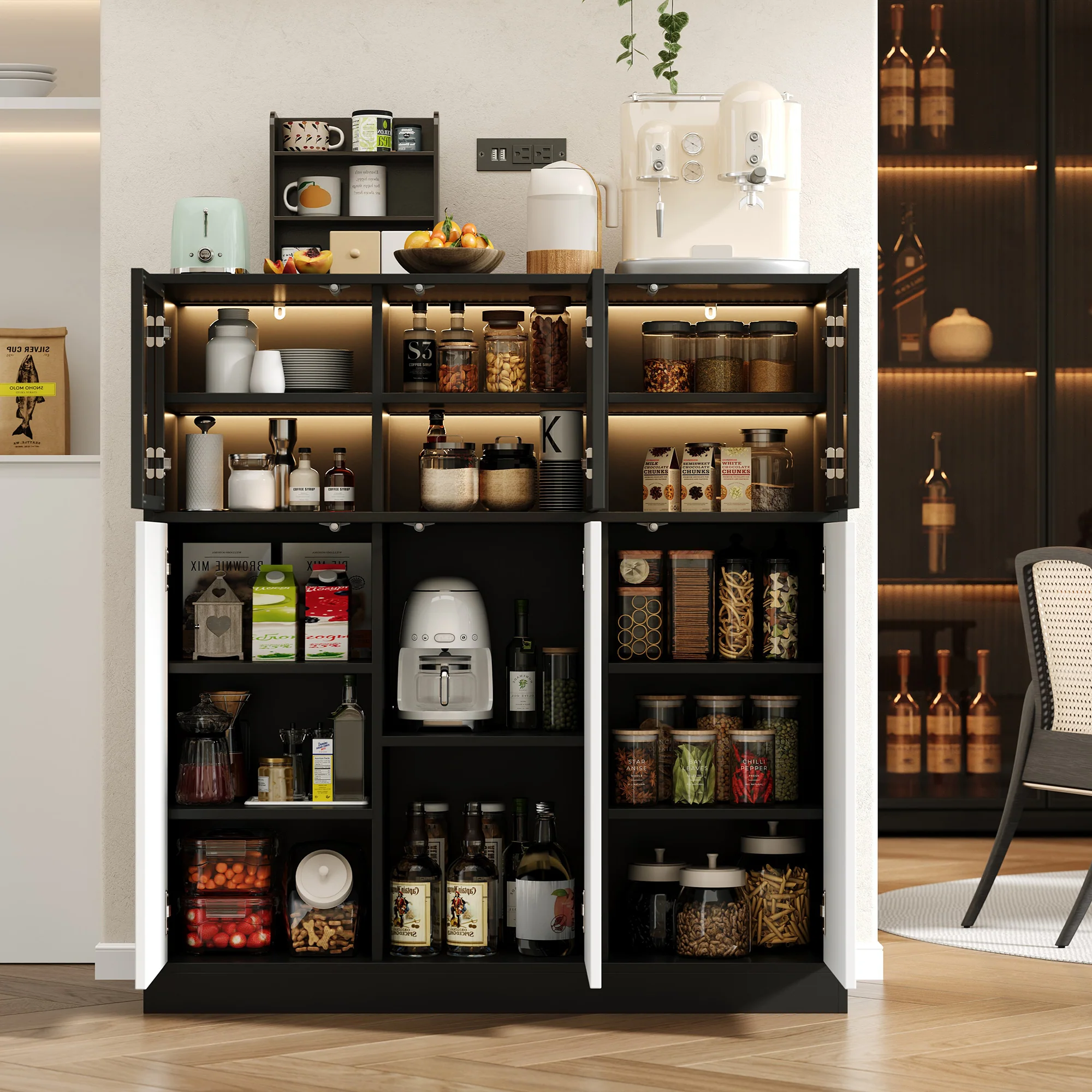 Sideboard Cabinet 100x40x105cm Lighting 3 Glass Doors - White