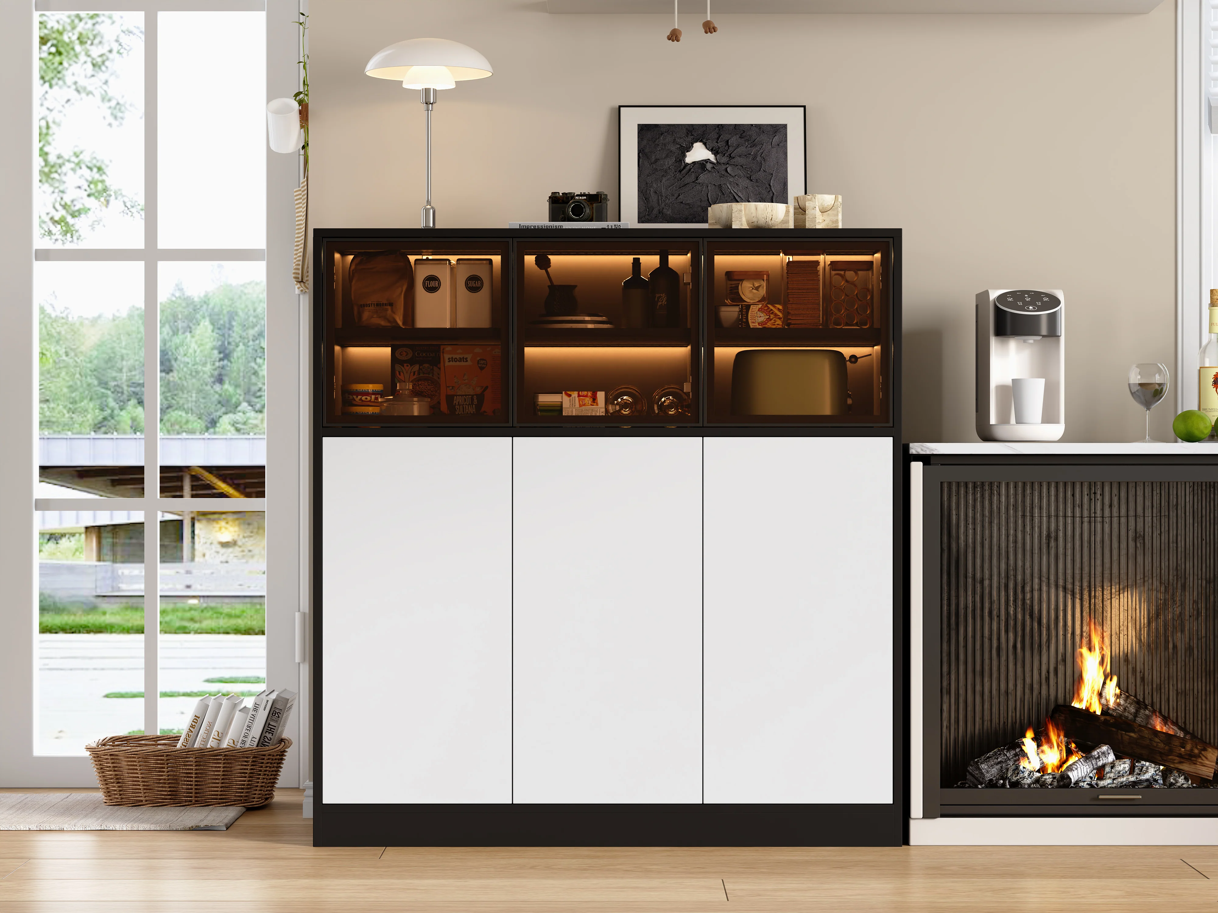 Sideboard Cabinet 100x40x105cm Lighting 3 Glass Doors - White - Image 10