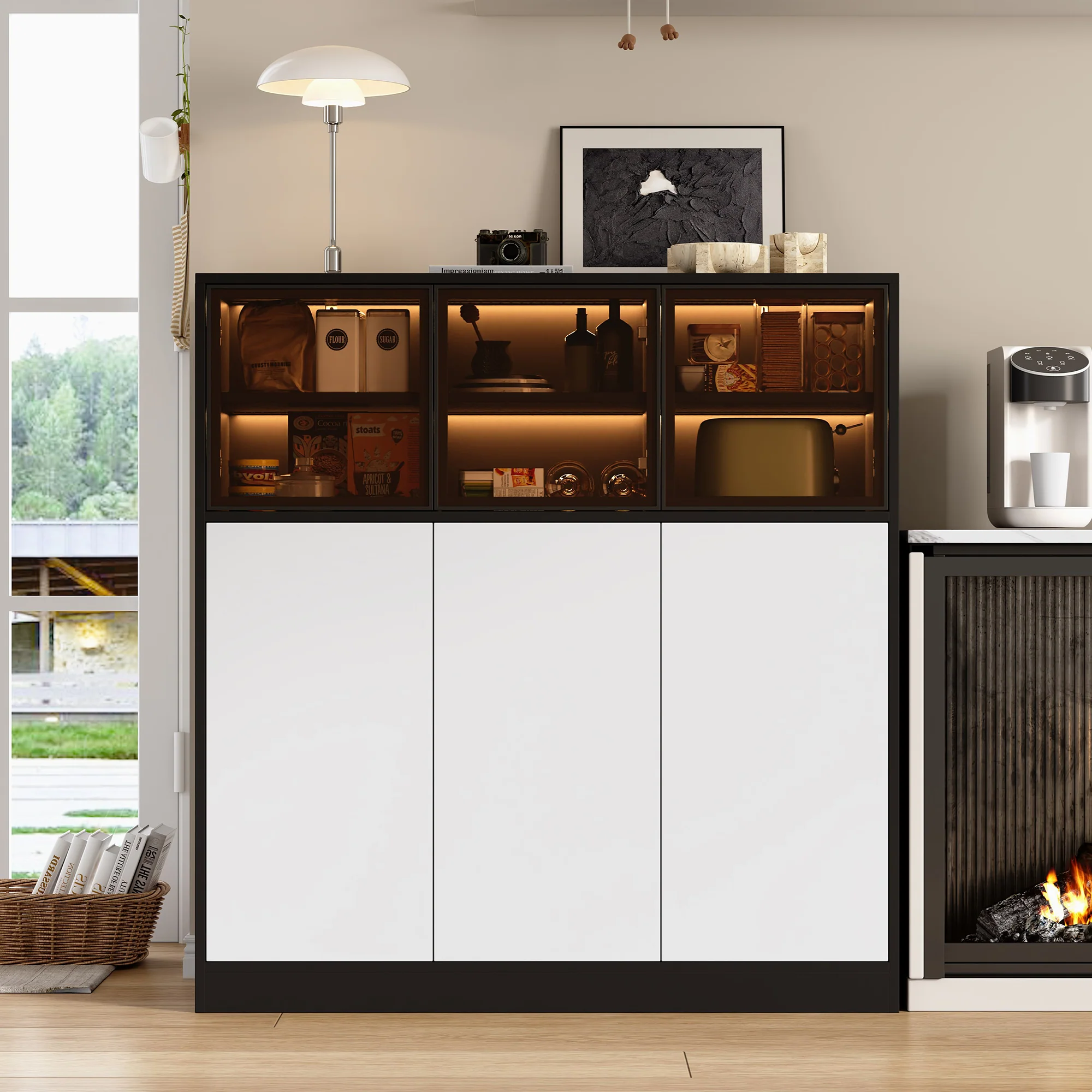 Sideboard Cabinet 100x40x105cm Lighting 3 Glass Doors - White - Image 3