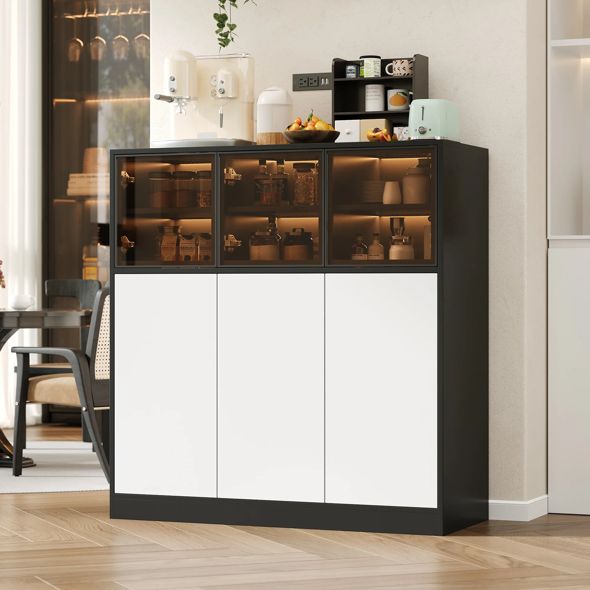 Sideboard Cabinet 100x40x105cm Lighting 3 Glass Doors - White - Image 4