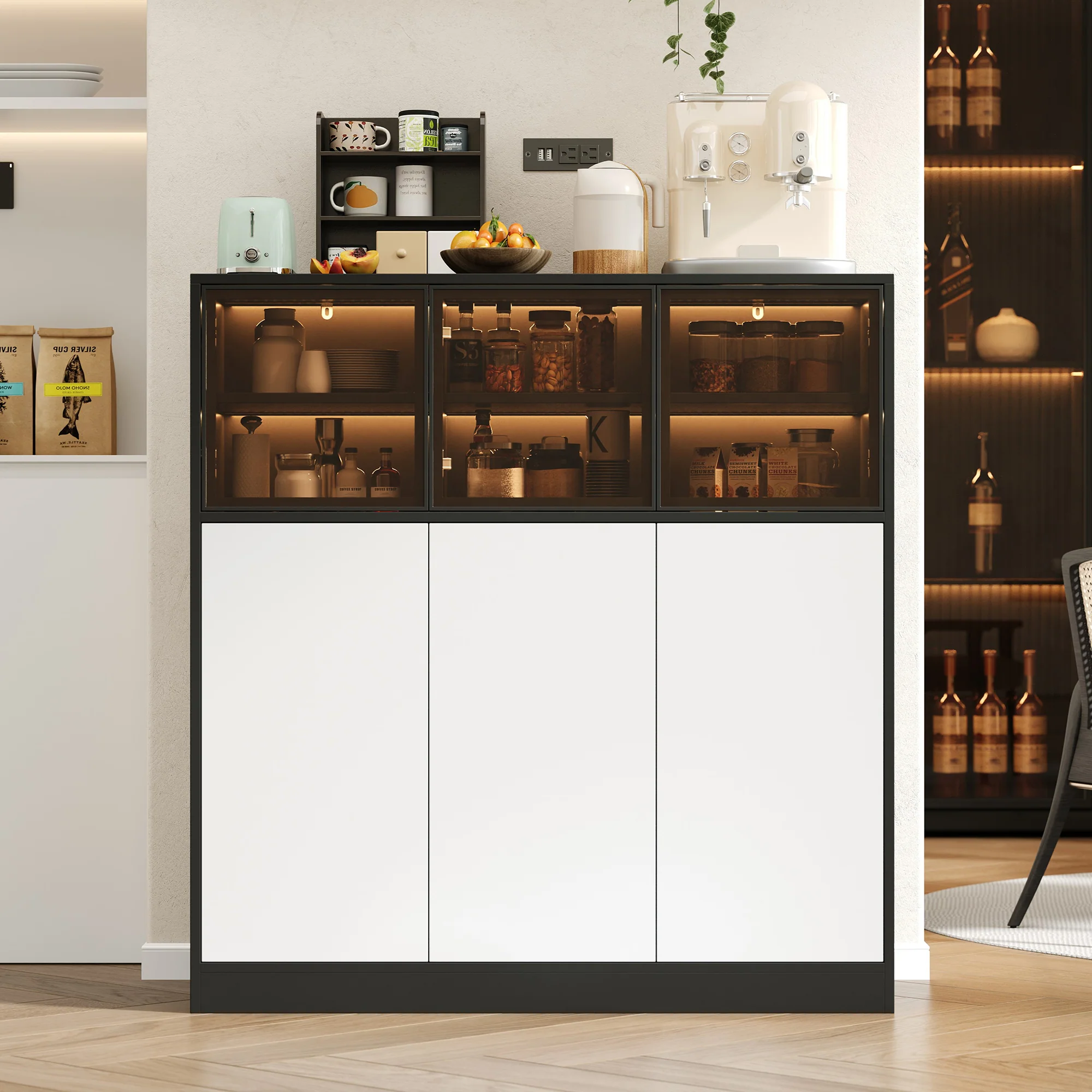 Sideboard Cabinet 100x40x105cm Lighting 3 Glass Doors - White - Image 5