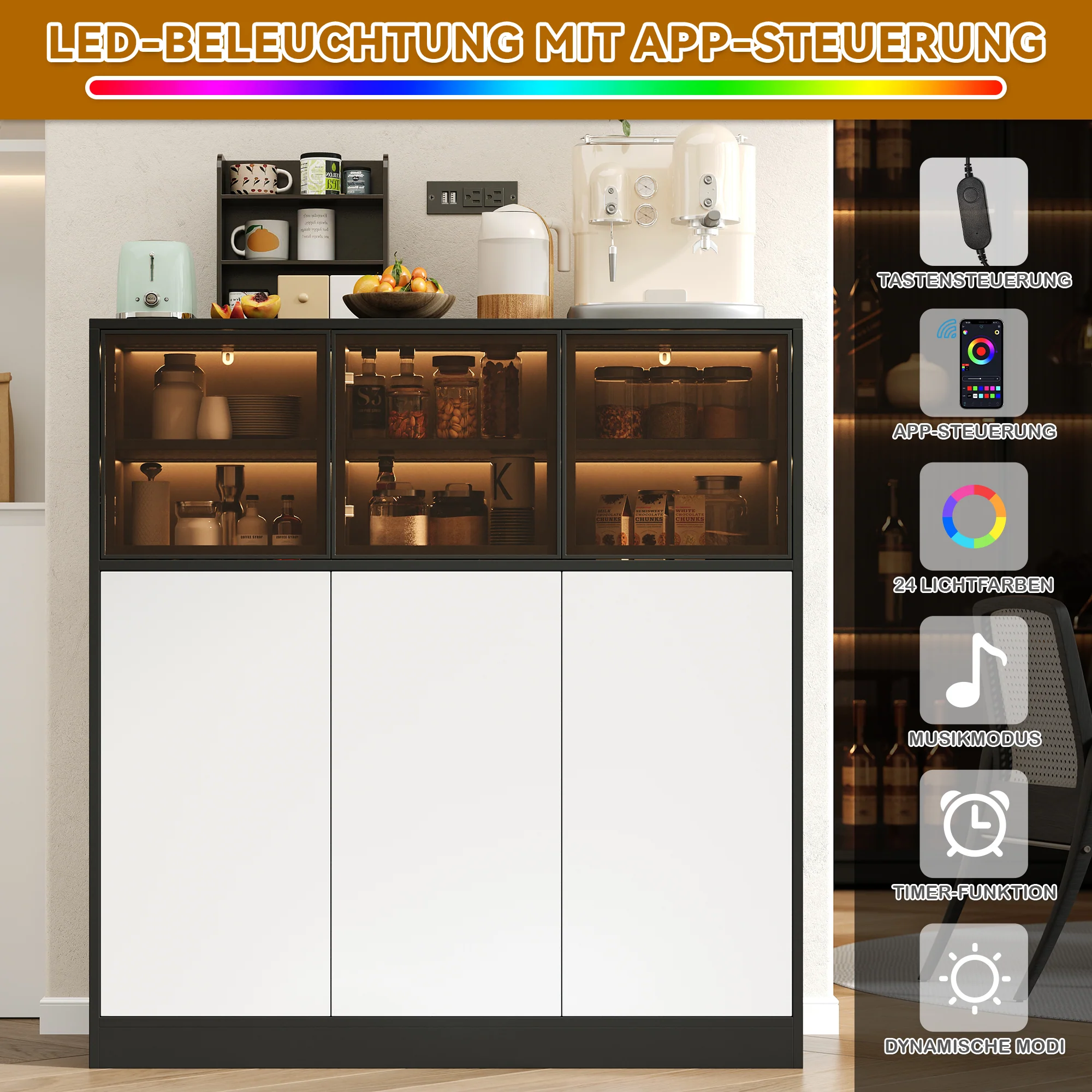 Sideboard Cabinet 100x40x105cm Lighting 3 Glass Doors - White - Image 7