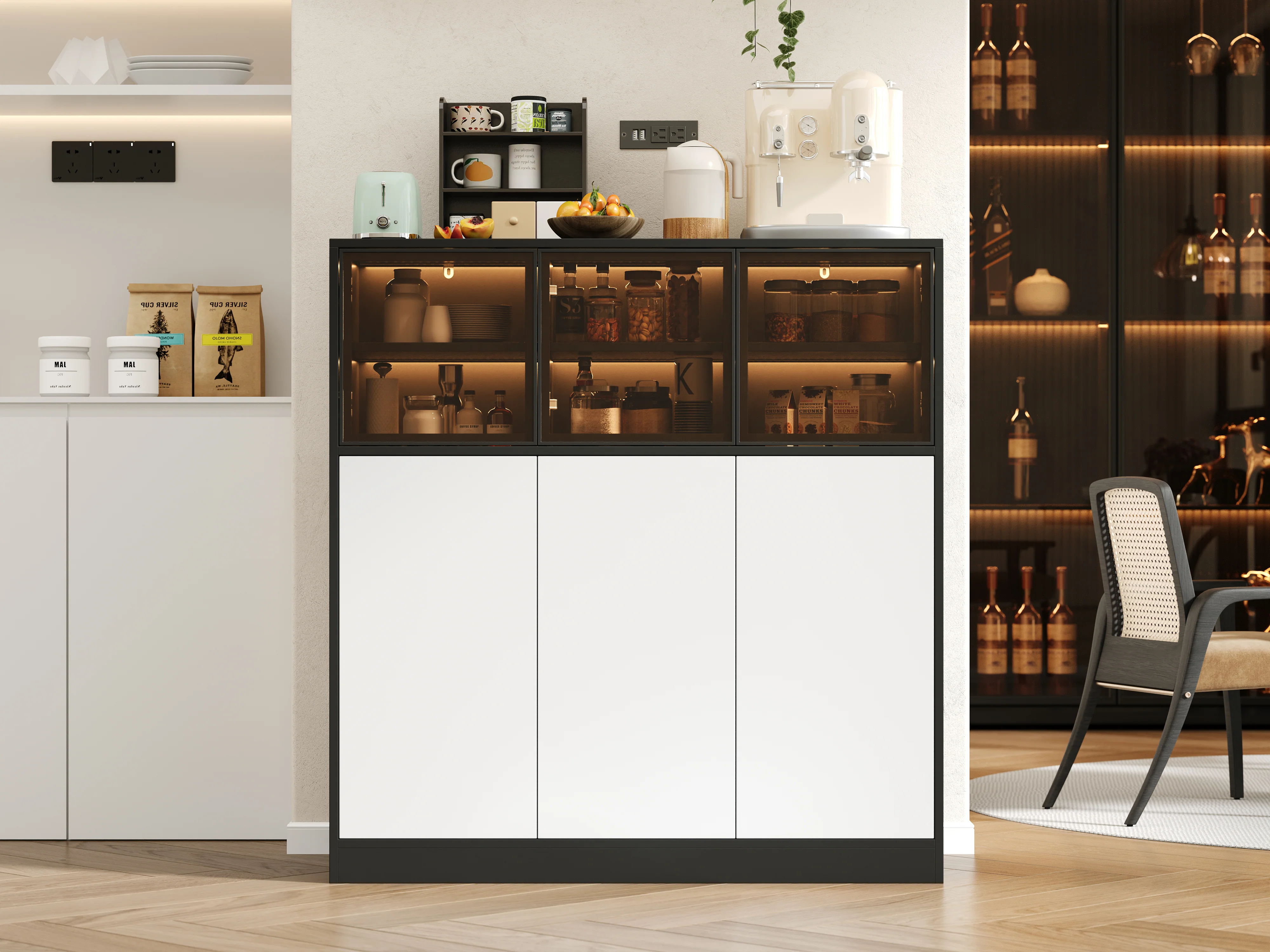 Sideboard Cabinet 100x40x105cm Lighting 3 Glass Doors - White - Image 9