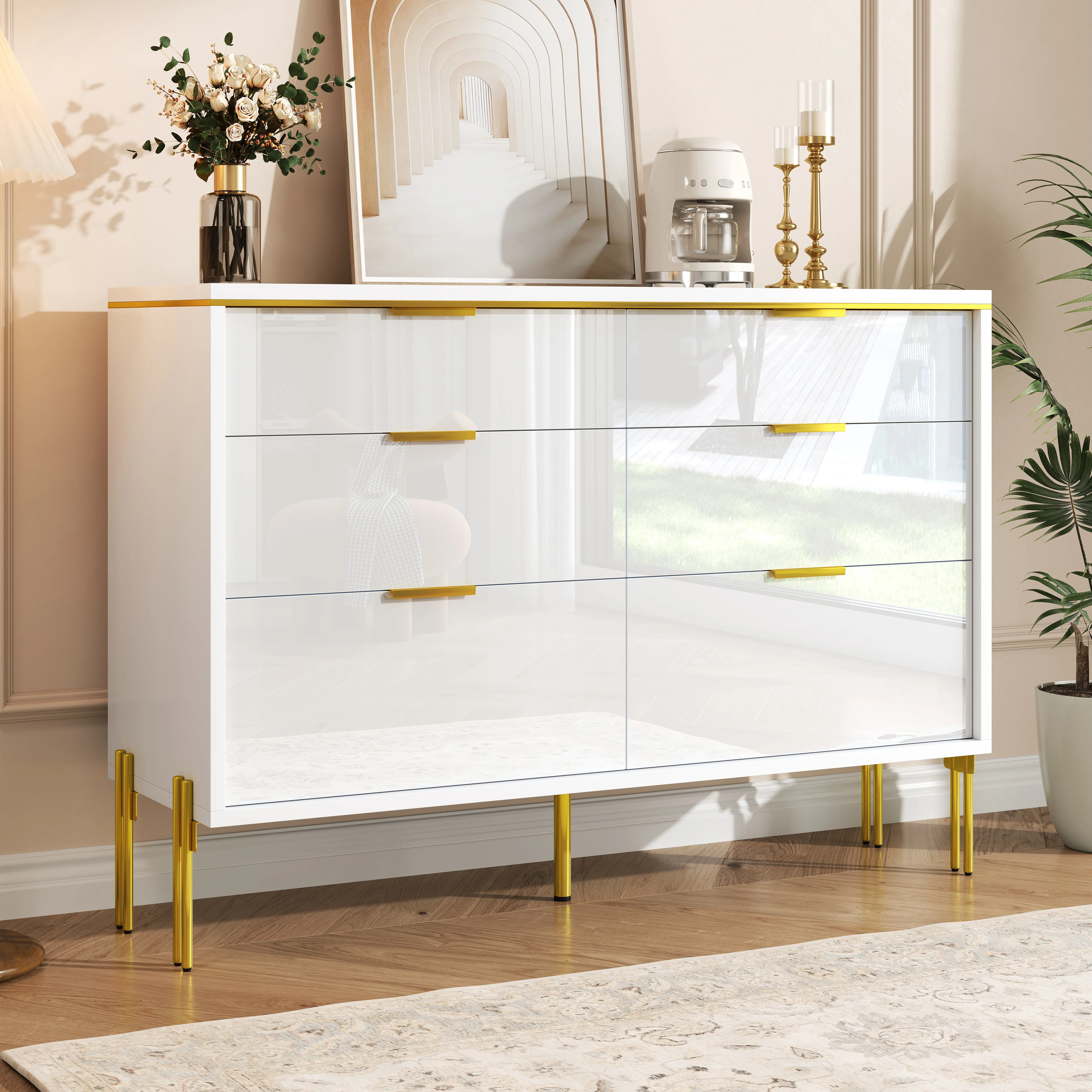 Sideboard Cabinet Modern 6 Drawers High-Gloss - White and Gold