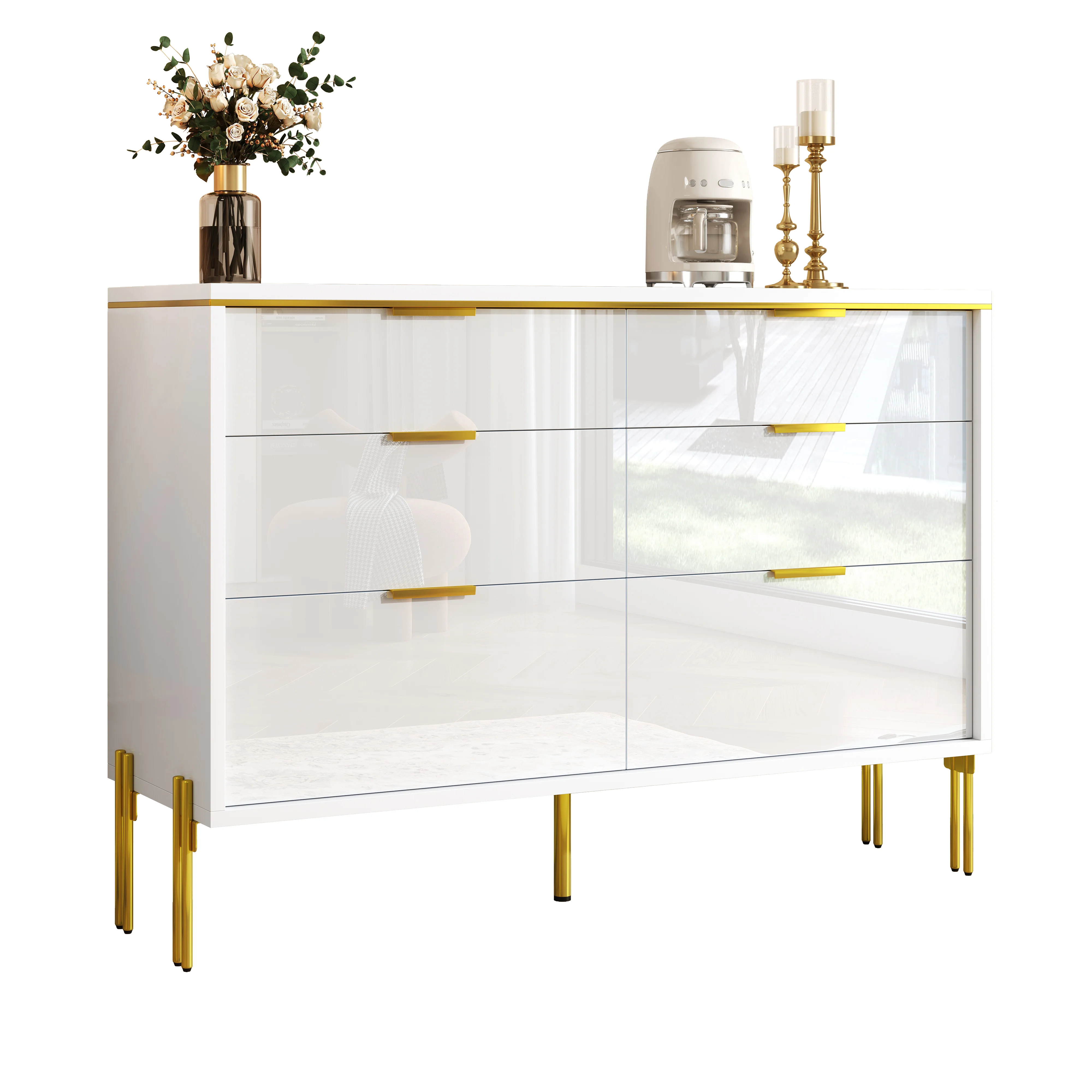Sideboard Cabinet Modern 6 Drawers High-Gloss - White and Gold - Image 2