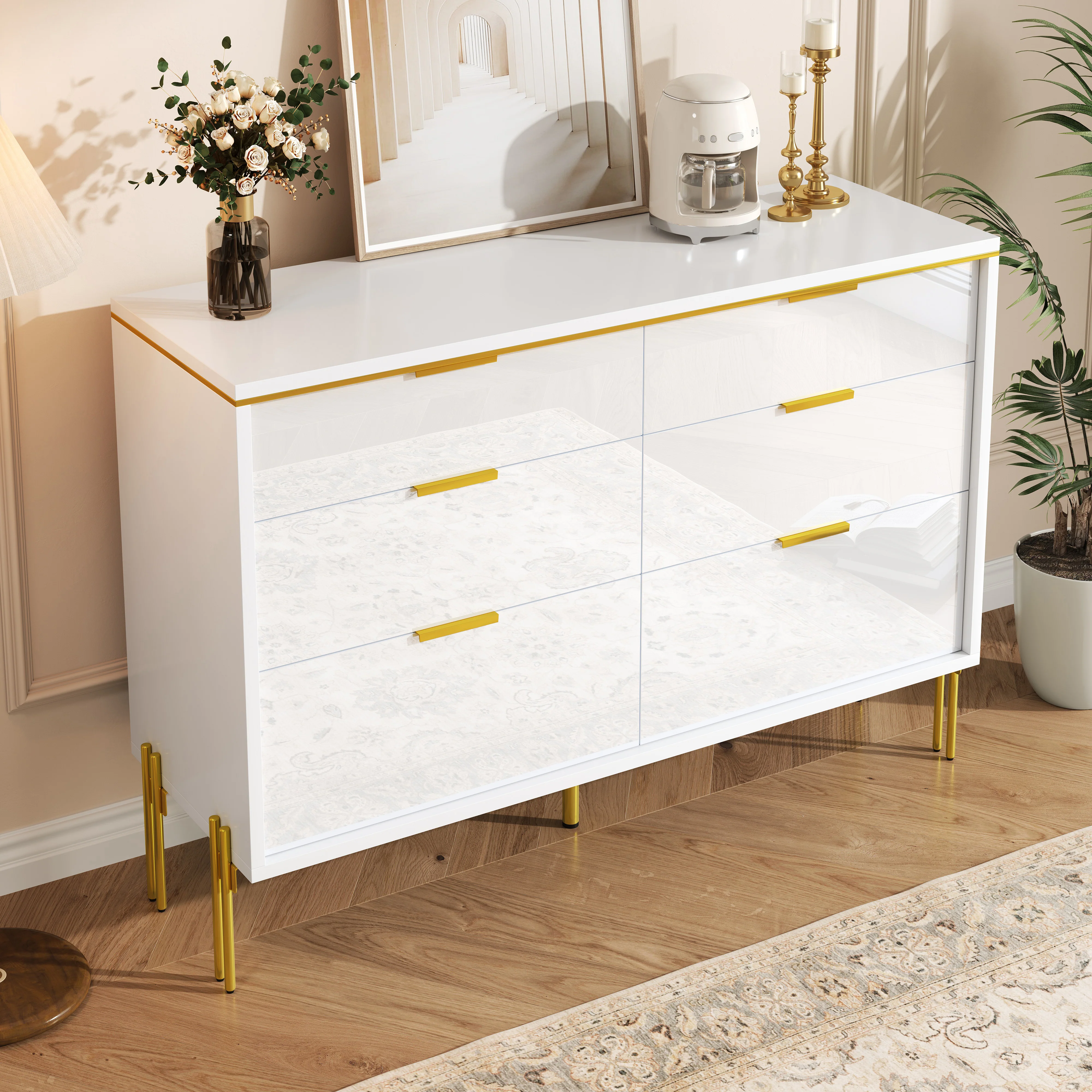 Sideboard Cabinet Modern 6 Drawers High-Gloss - White and Gold - Image 4
