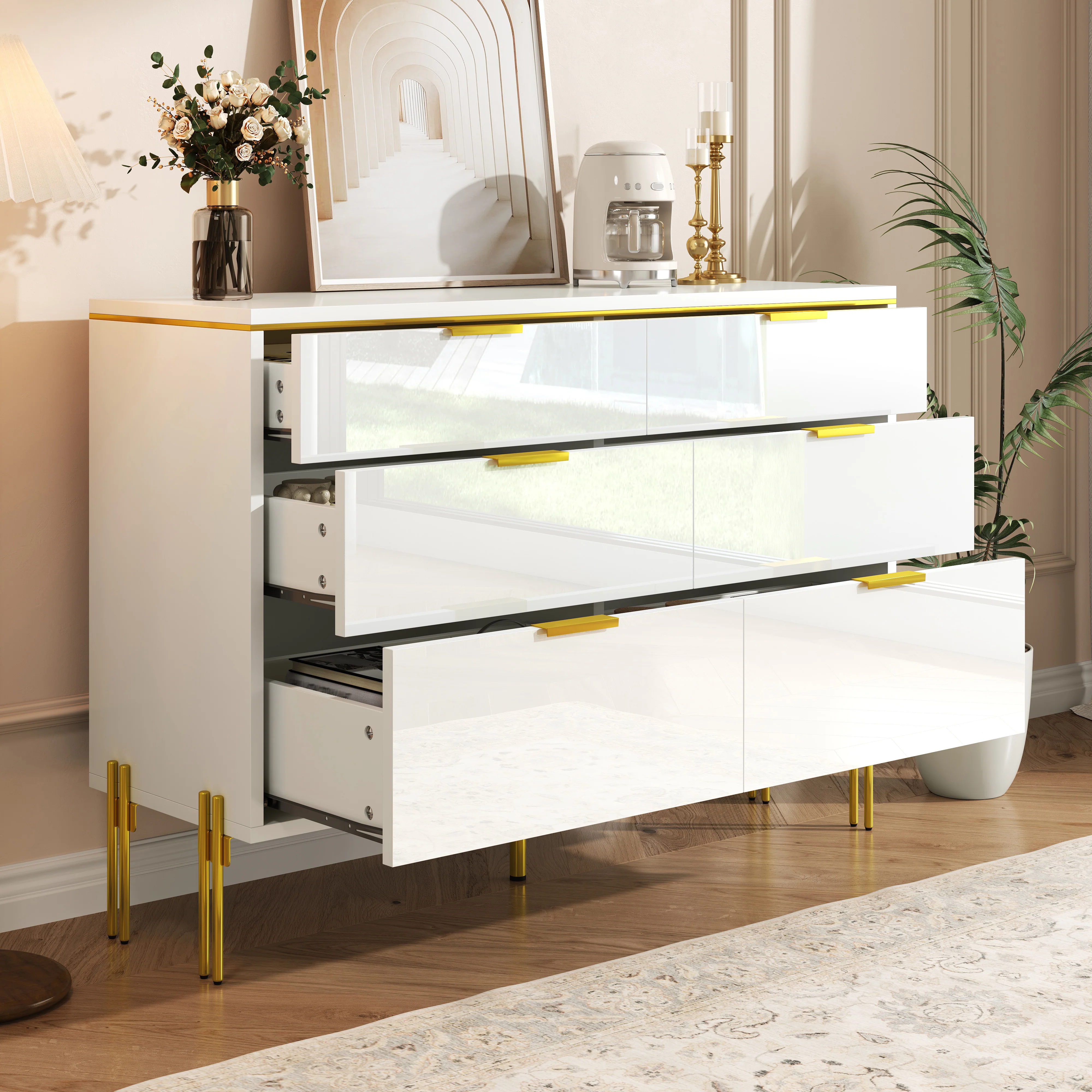 Sideboard Cabinet Modern 6 Drawers High-Gloss - White and Gold - Image 5