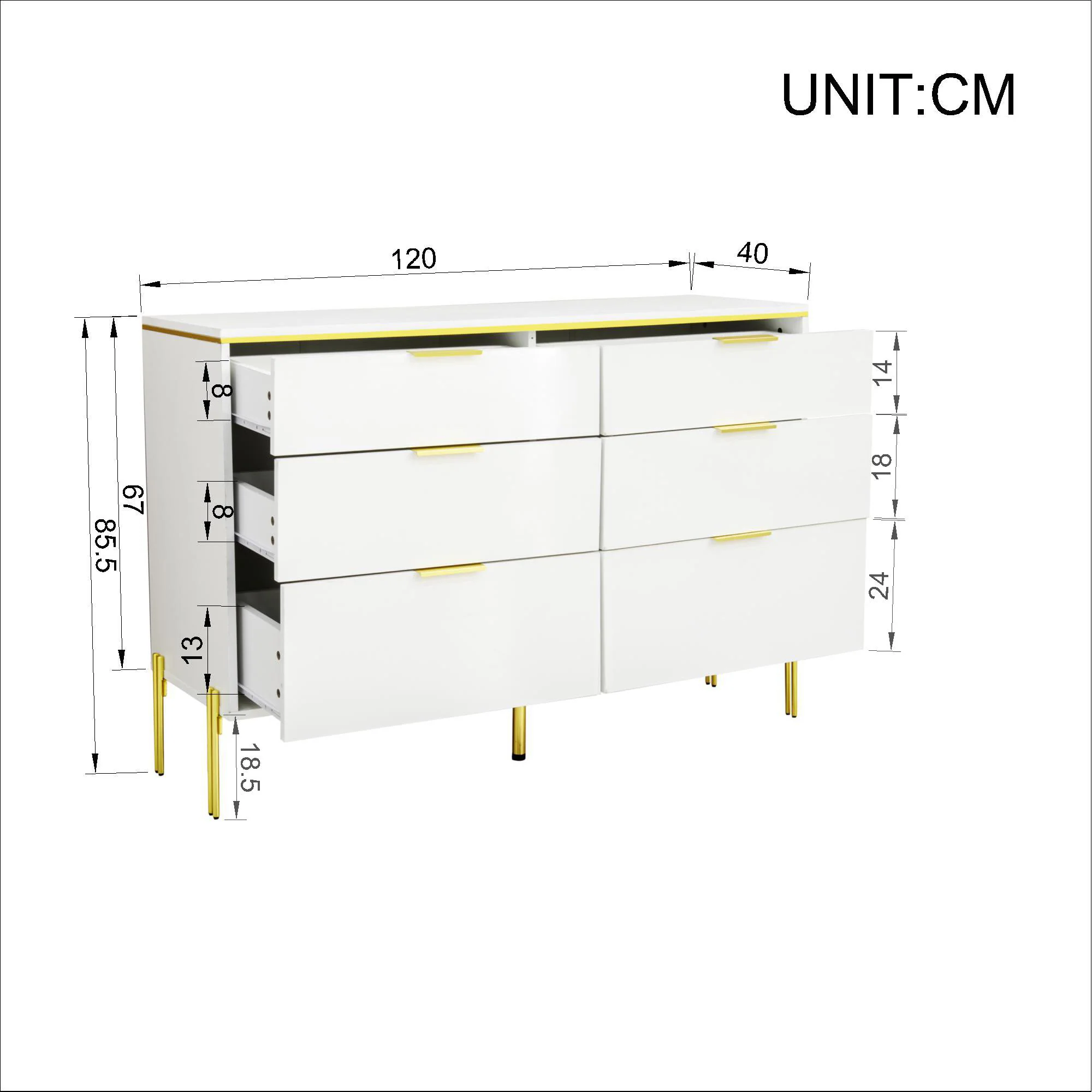 Sideboard Cabinet Modern 6 Drawers High-Gloss - White and Gold - Image 6