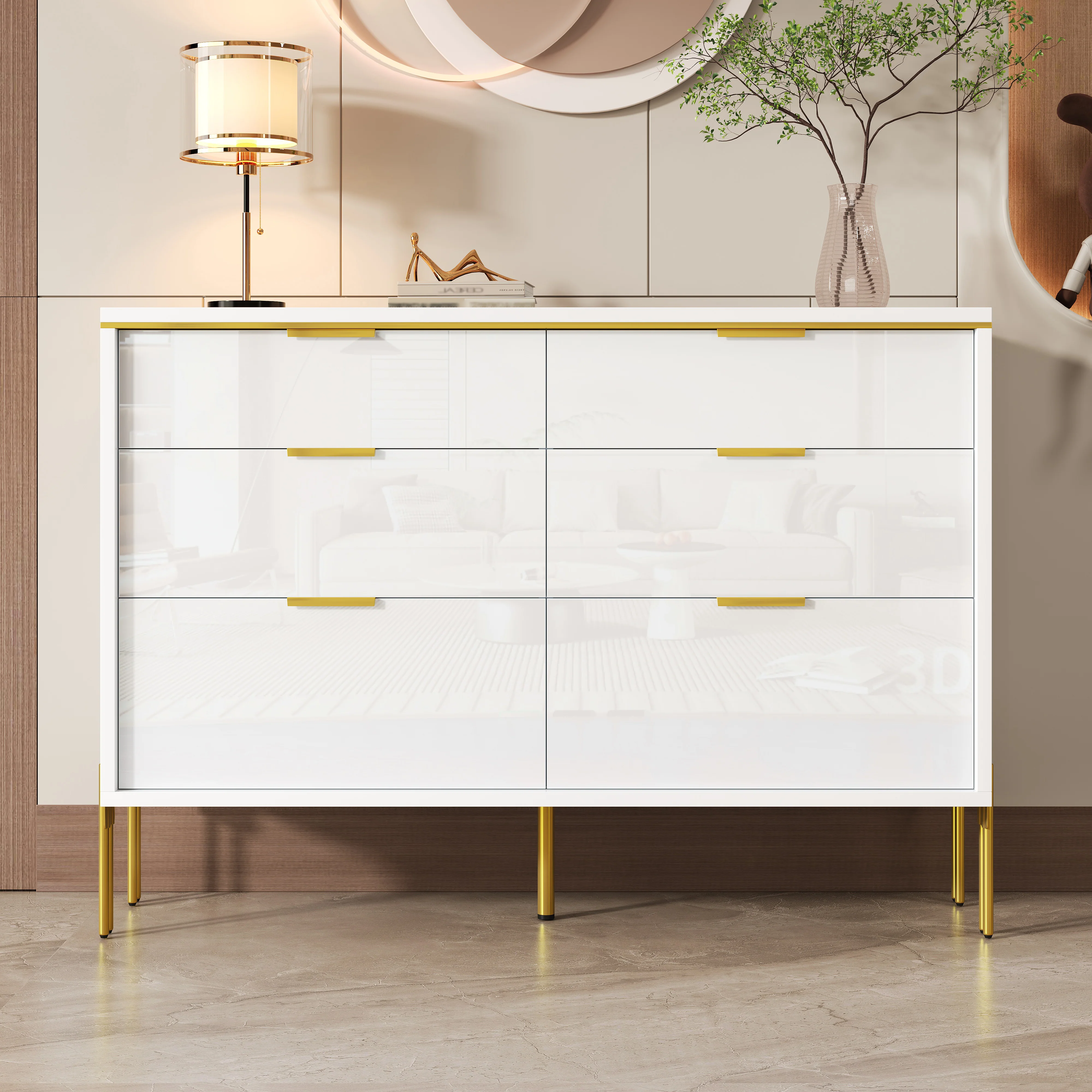 Sideboard Cabinet Modern 6 Drawers High-Gloss - White and Gold - Image 7