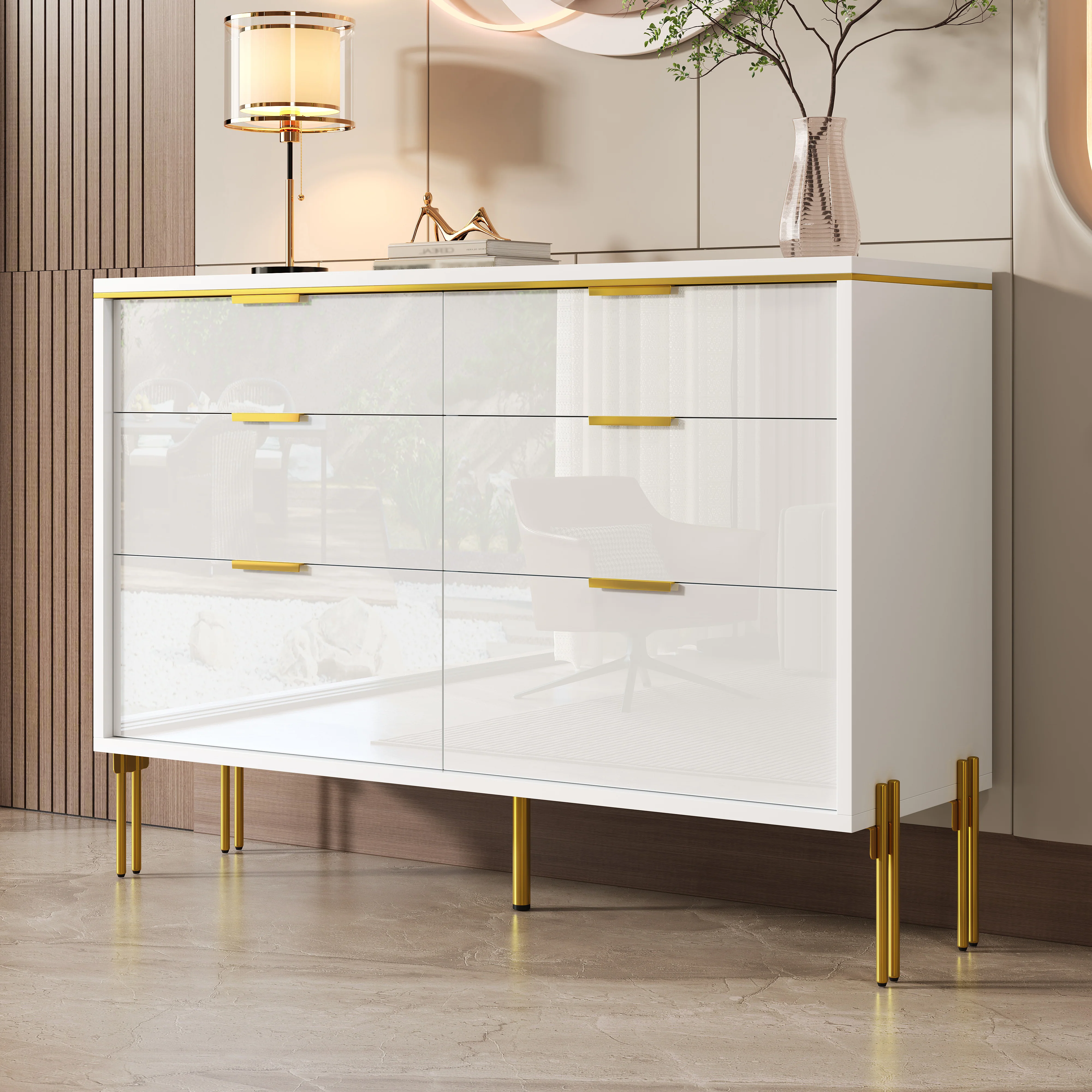 Sideboard Cabinet Modern 6 Drawers High-Gloss - White and Gold - Image 8