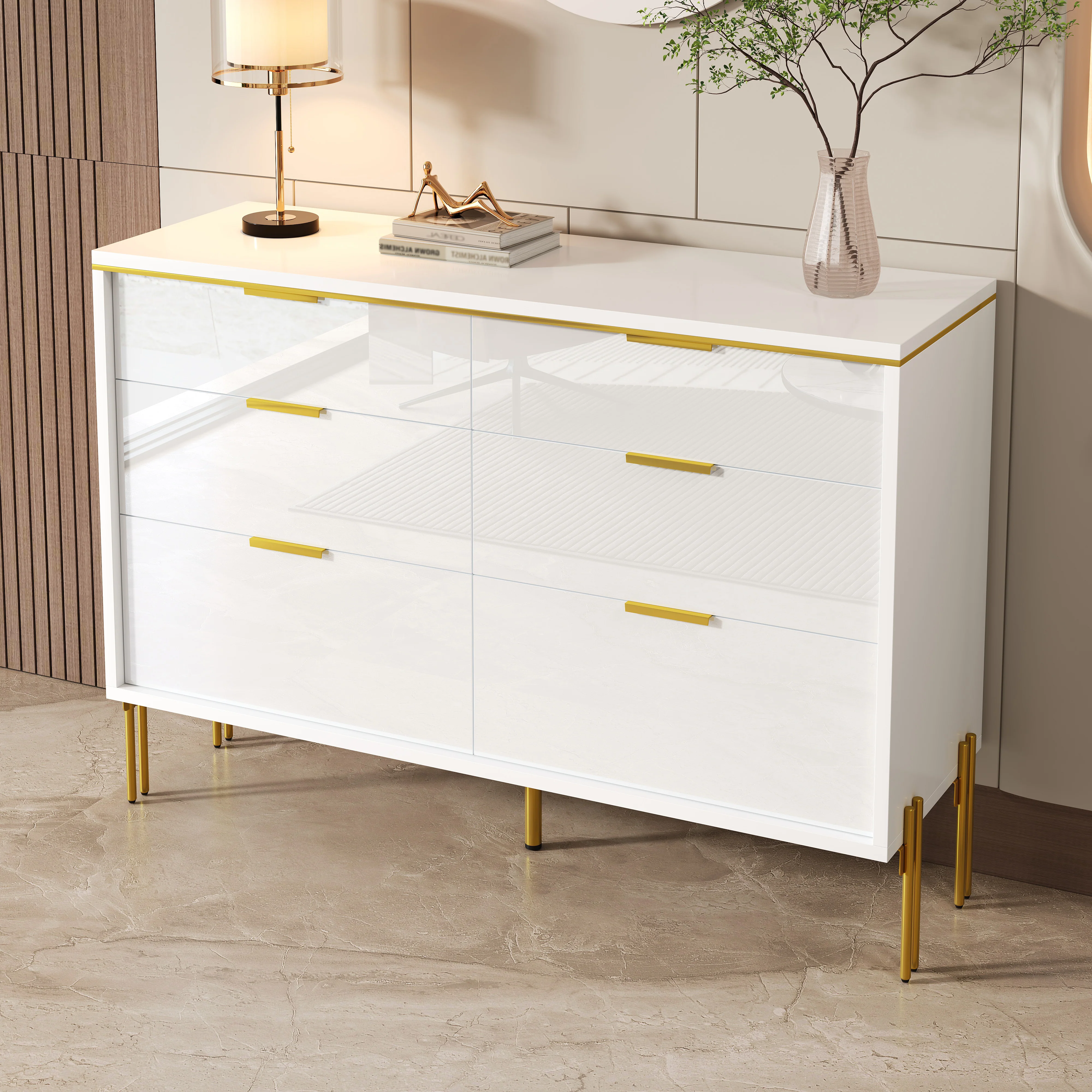 Sideboard Cabinet Modern 6 Drawers High-Gloss - White and Gold - Image 9