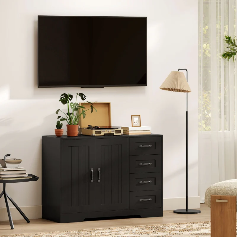 Sideboard Chest Modern Style 4 Drawers 1 Cabinet - Black - Image 8