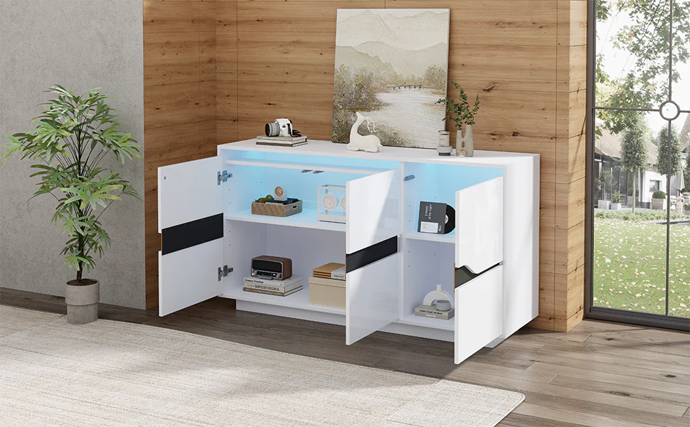 Sideboard, Living Room 140x40x76cm with 3 Doors, Adjustable Dividers, LED, White & Black - Image 5