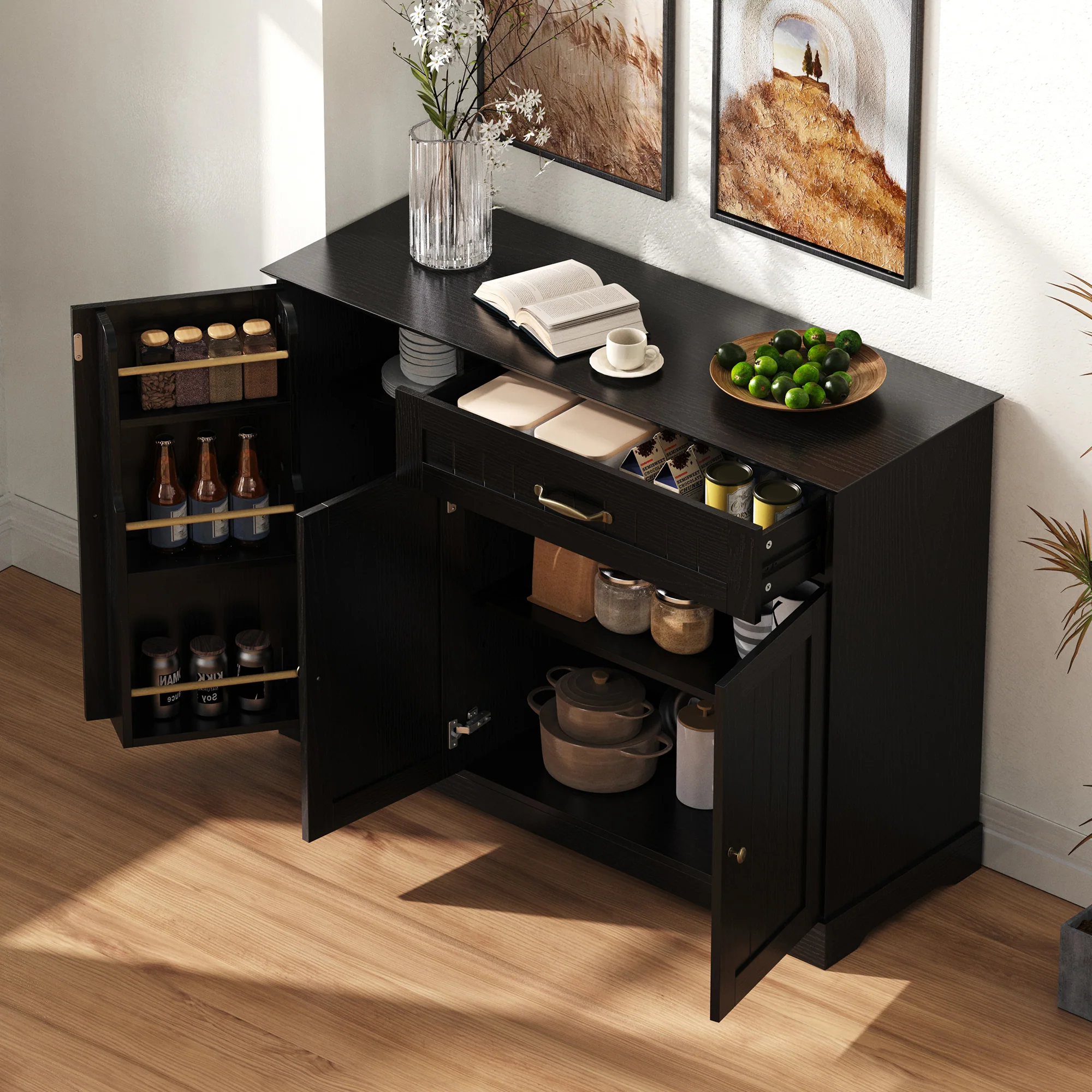 Sideboard Modern Elegant 3 Doors 1 Drawer - Black - Image 3