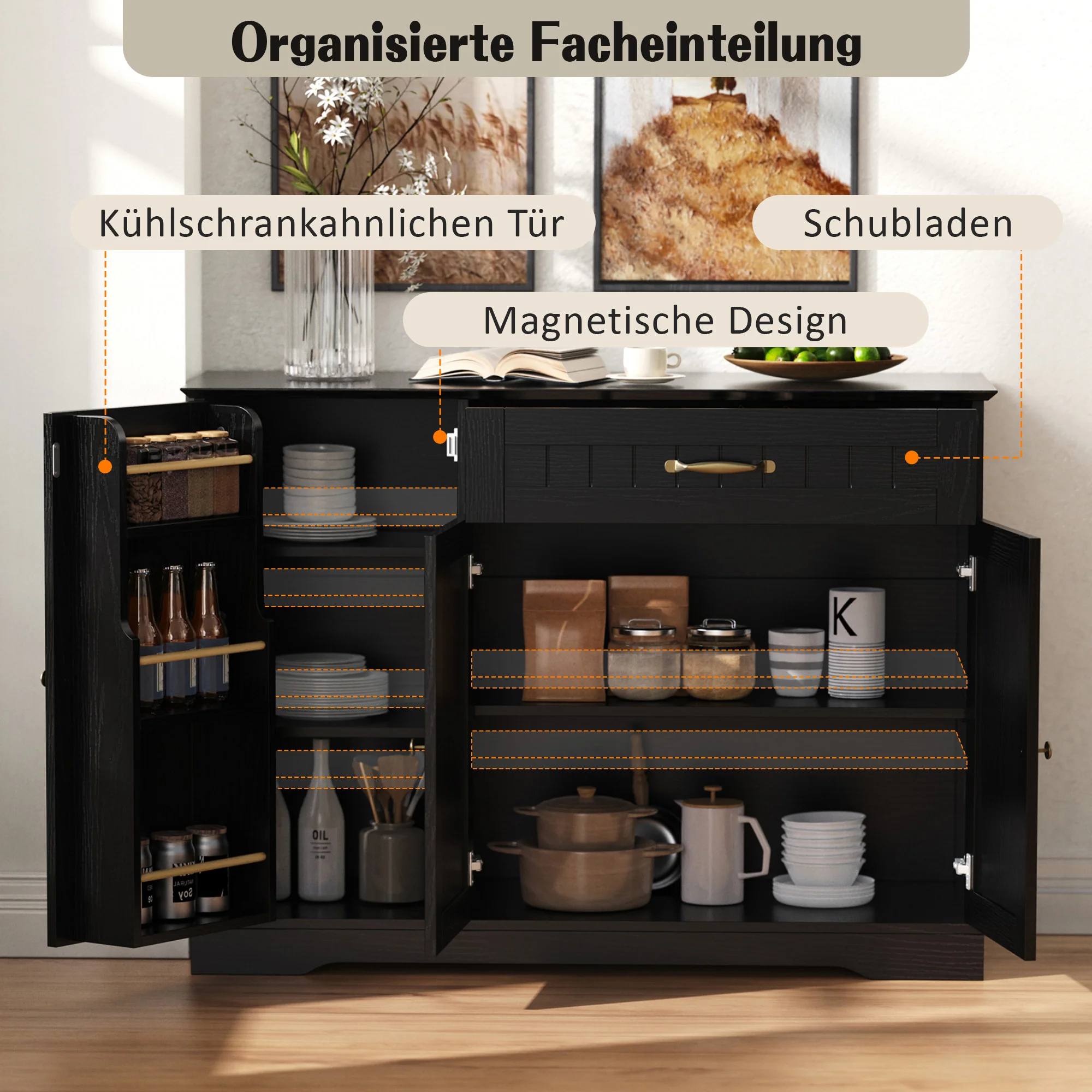 Sideboard Modern Elegant 3 Doors 1 Drawer - Black - Image 6