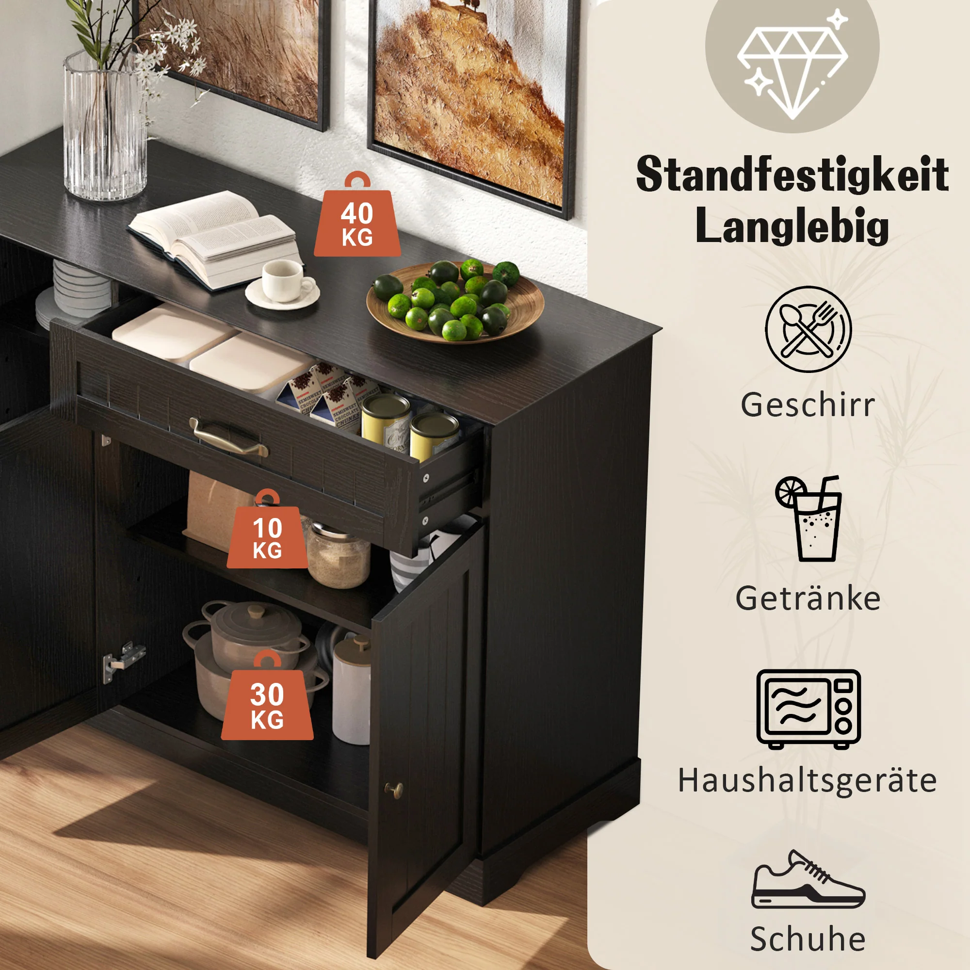 Sideboard Modern Elegant 3 Doors 1 Drawer - Black - Image 7