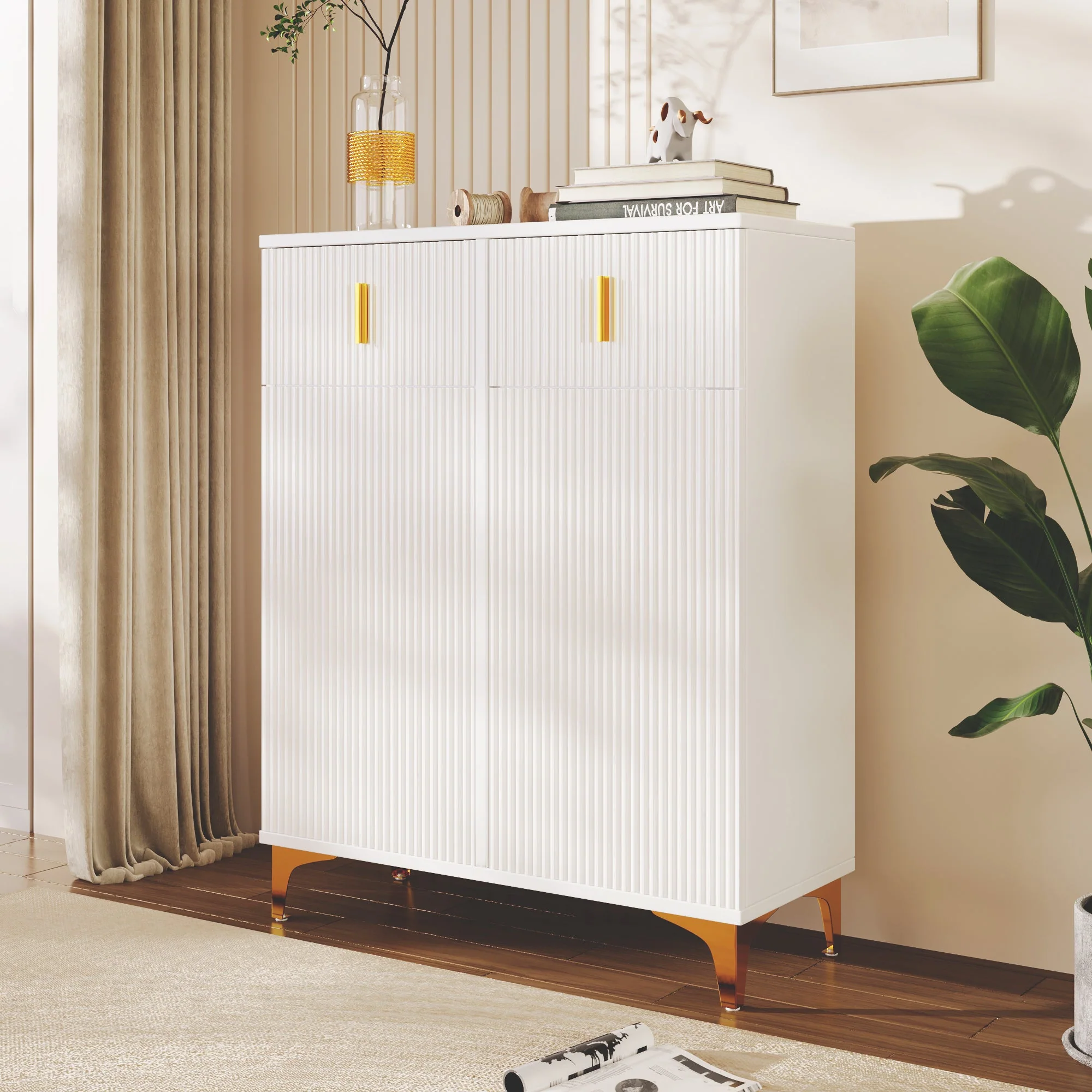 Sideboard/Shoe Cabinet with Structural Panels, Adjustable Shelves, Gold-Plated Decorations, and Drawers - Image 2