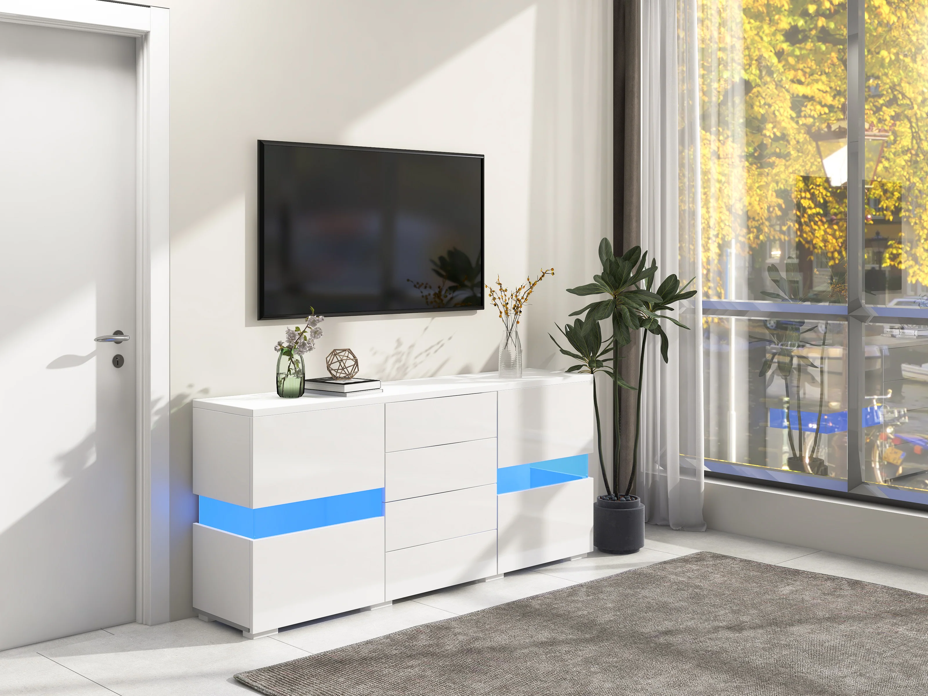 Sideboard Storage Cabinet 16 Color LED Lights - High-Gloss White - Image 2