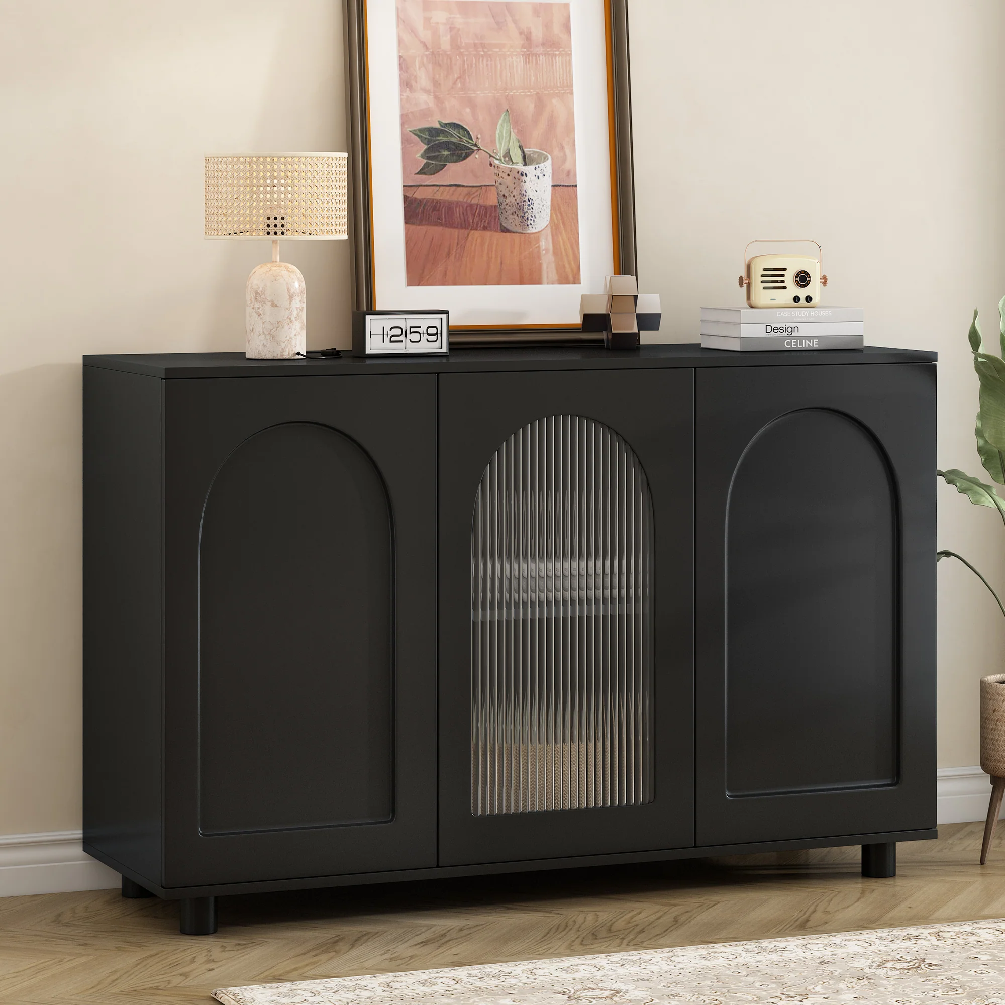 Sideboard U-Shaped Glass Door Rebounder Design - Black