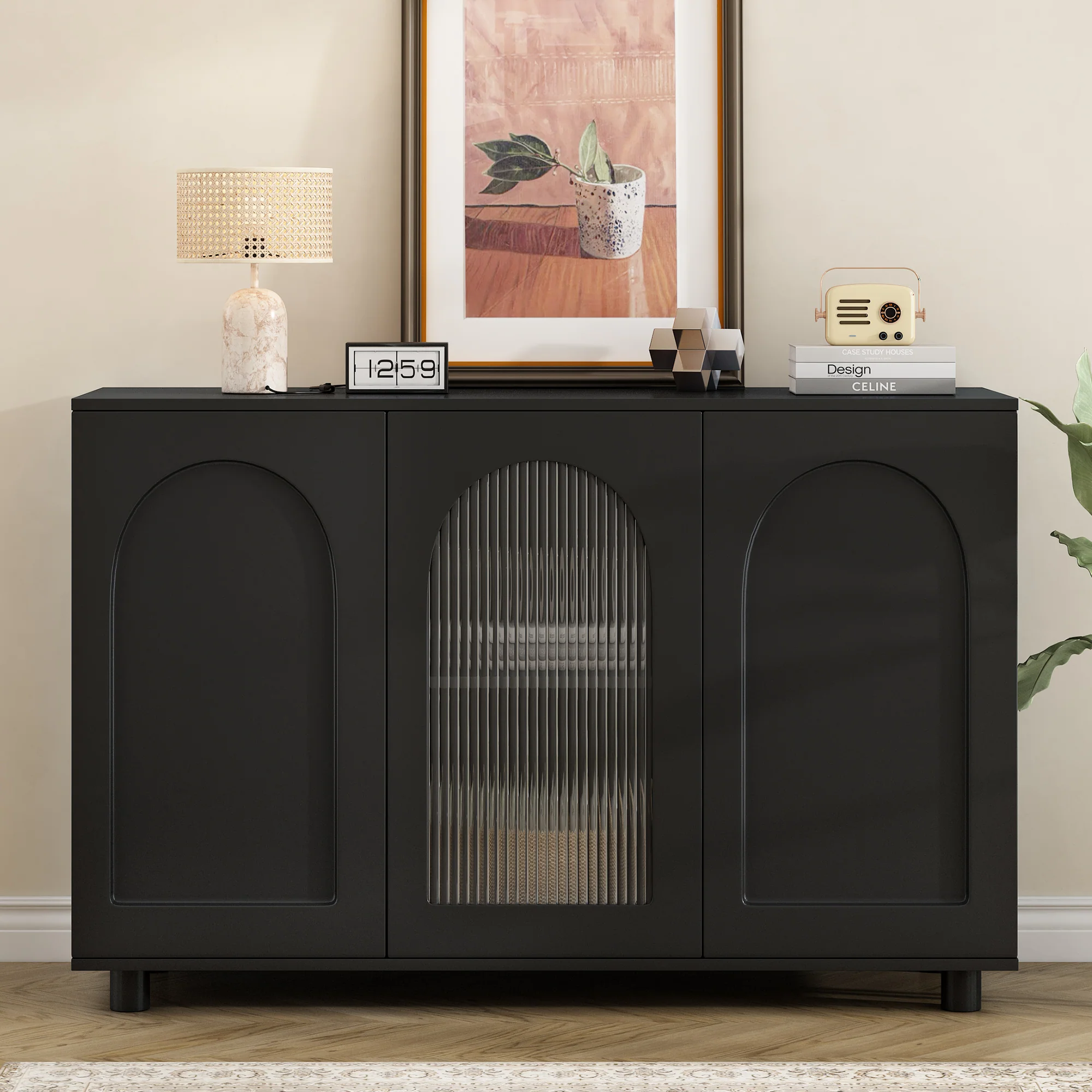 Sideboard U-Shaped Glass Door Rebounder Design - Black - Image 2