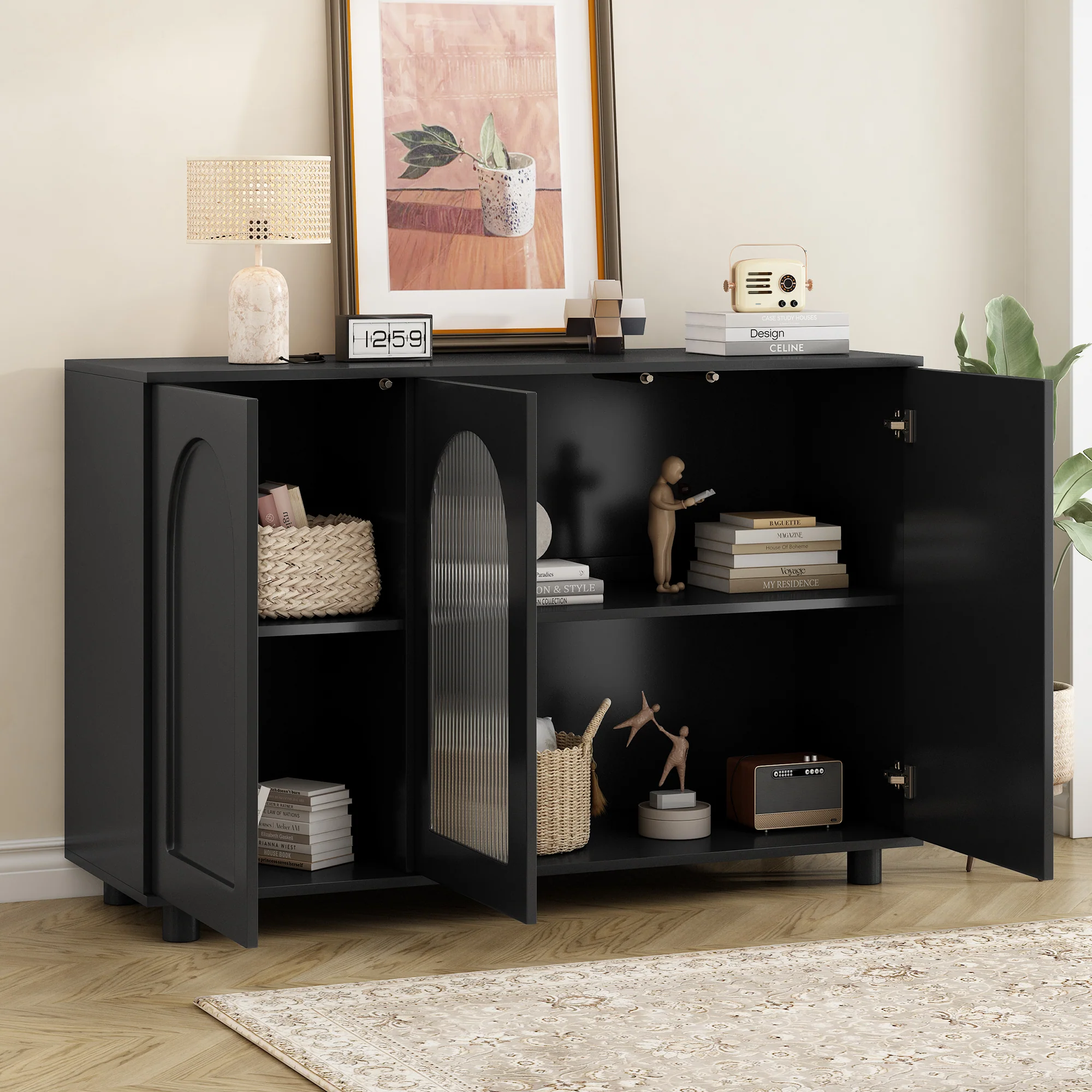 Sideboard U-Shaped Glass Door Rebounder Design - Black - Image 3