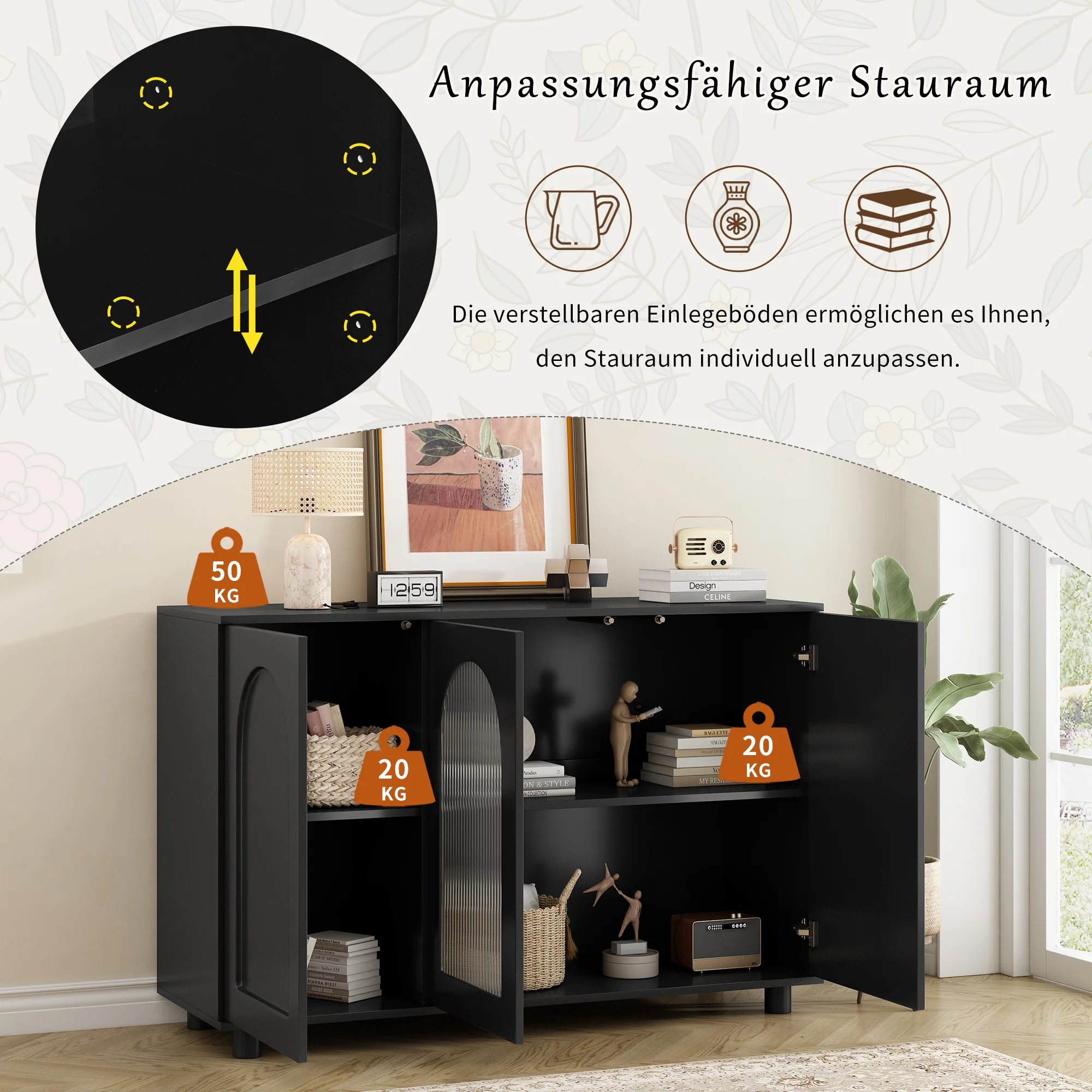 Sideboard U-Shaped Glass Door Rebounder Design - Black - Image 6