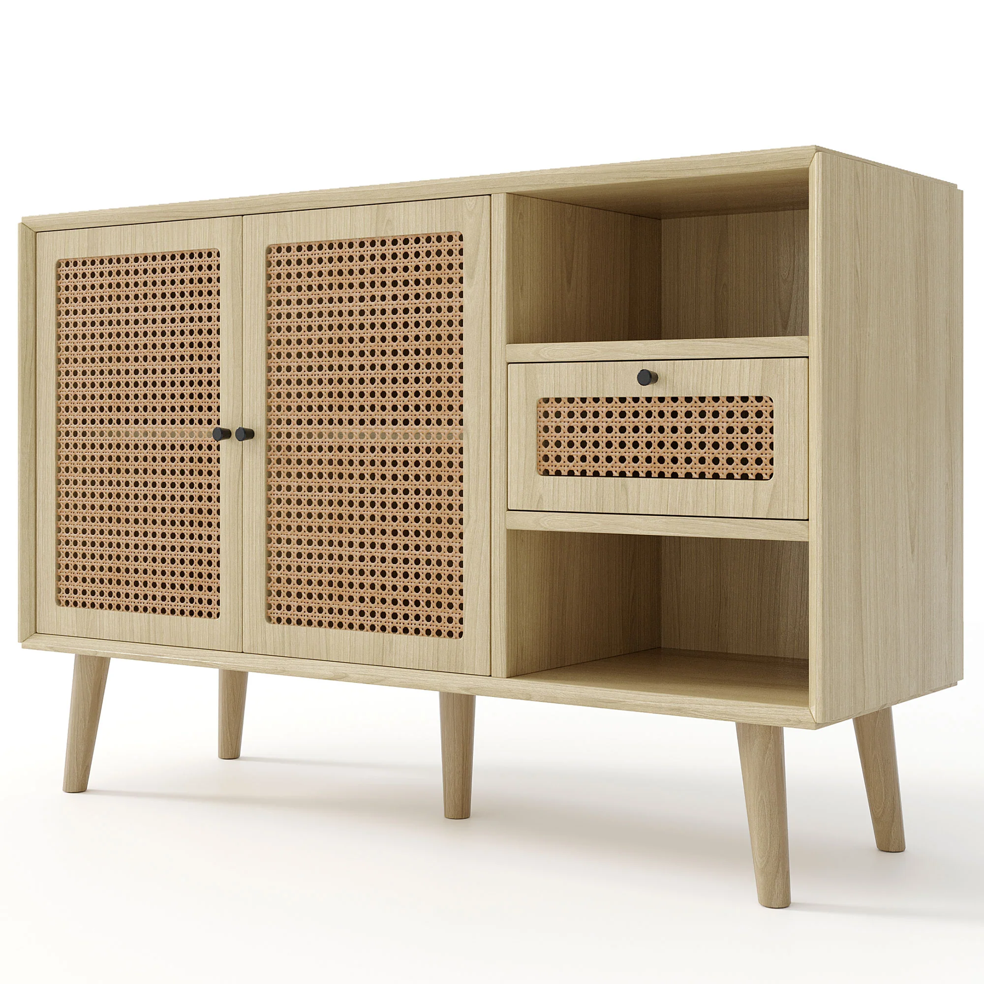 Sideboard with 1 Drawer 2 Rattan Magnetic Doors Adjustable Shelves, Oak - Image 10