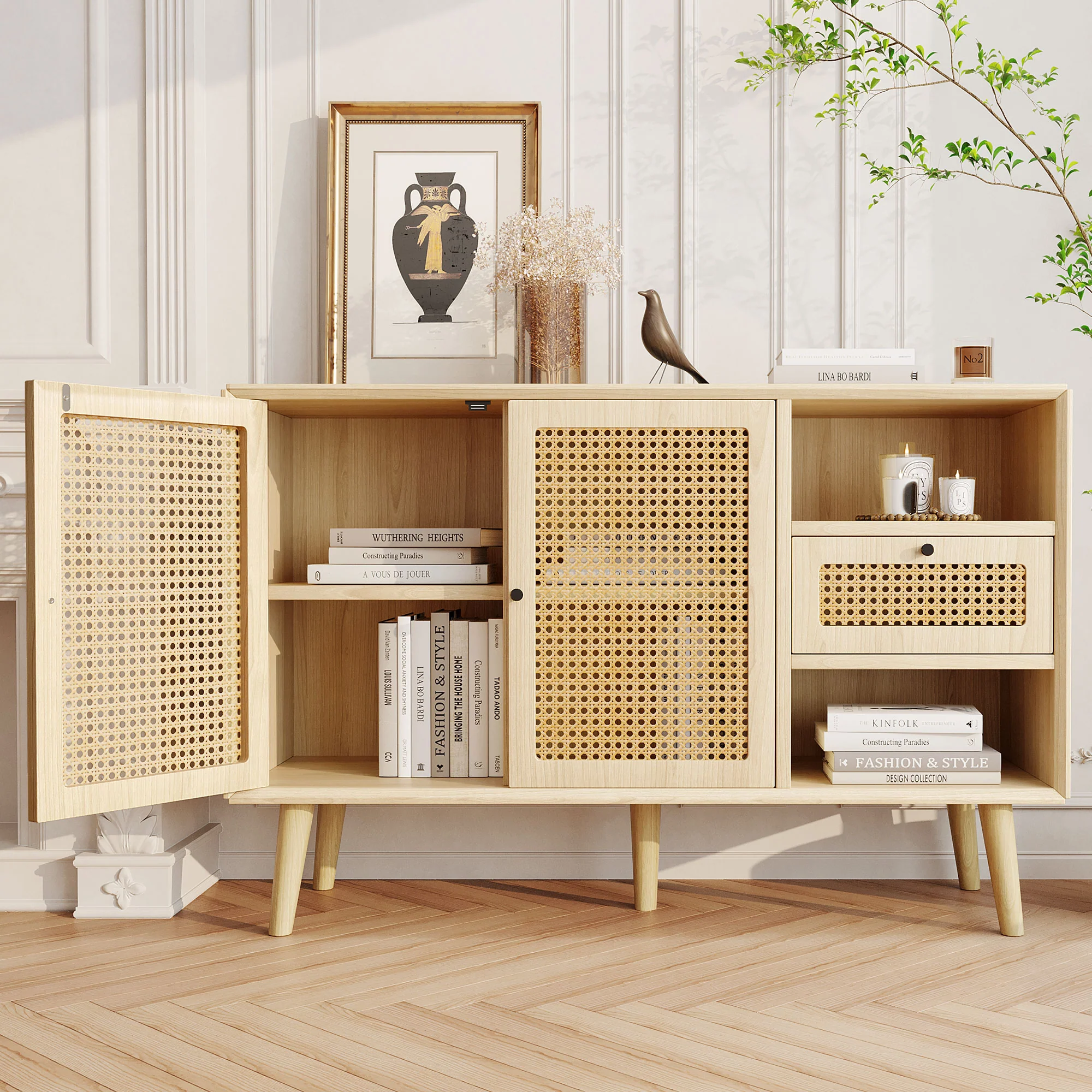 Sideboard with 1 Drawer 2 Rattan Magnetic Doors Adjustable Shelves, Oak - Image 2
