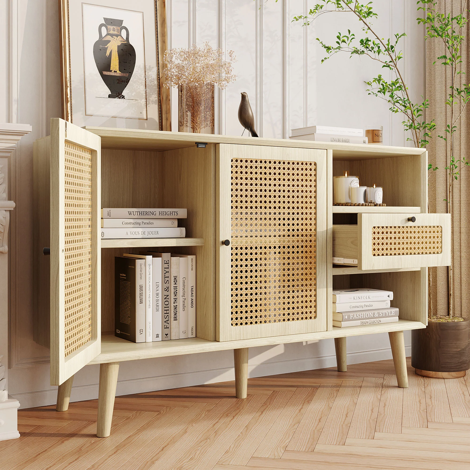 Sideboard with 1 Drawer 2 Rattan Magnetic Doors Adjustable Shelves, Oak - Image 3