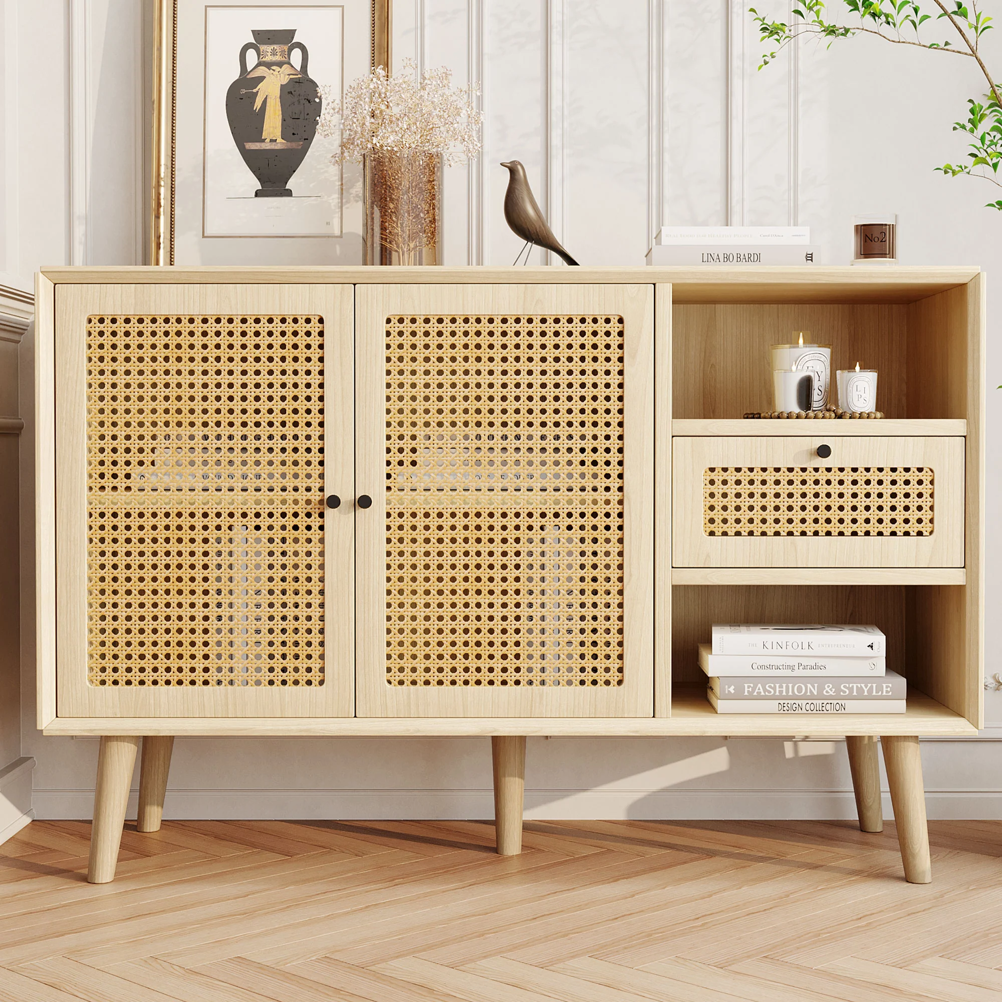 Sideboard with 1 Drawer 2 Rattan Magnetic Doors Adjustable Shelves, Oak - Image 4