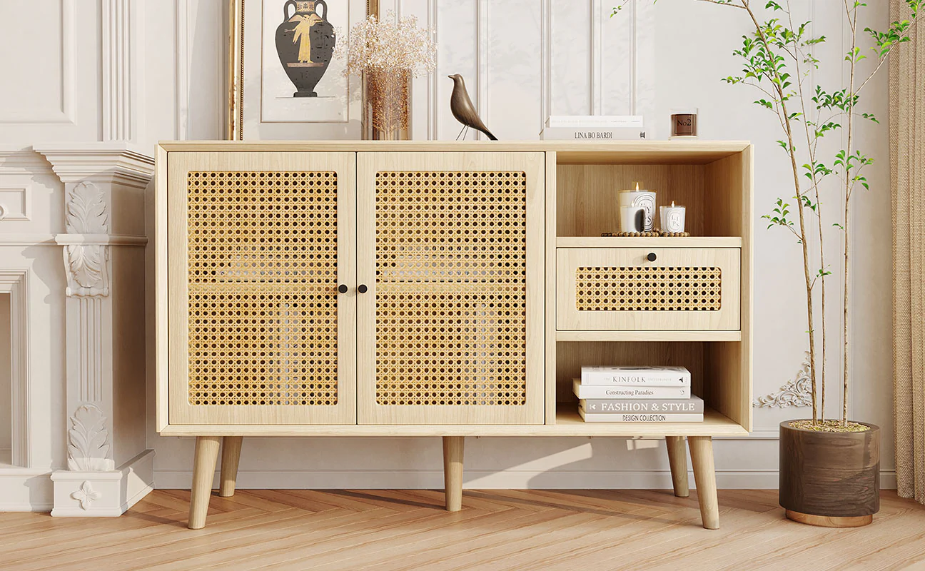 Sideboard with 1 Drawer 2 Rattan Magnetic Doors Adjustable Shelves, Oak - Image 5