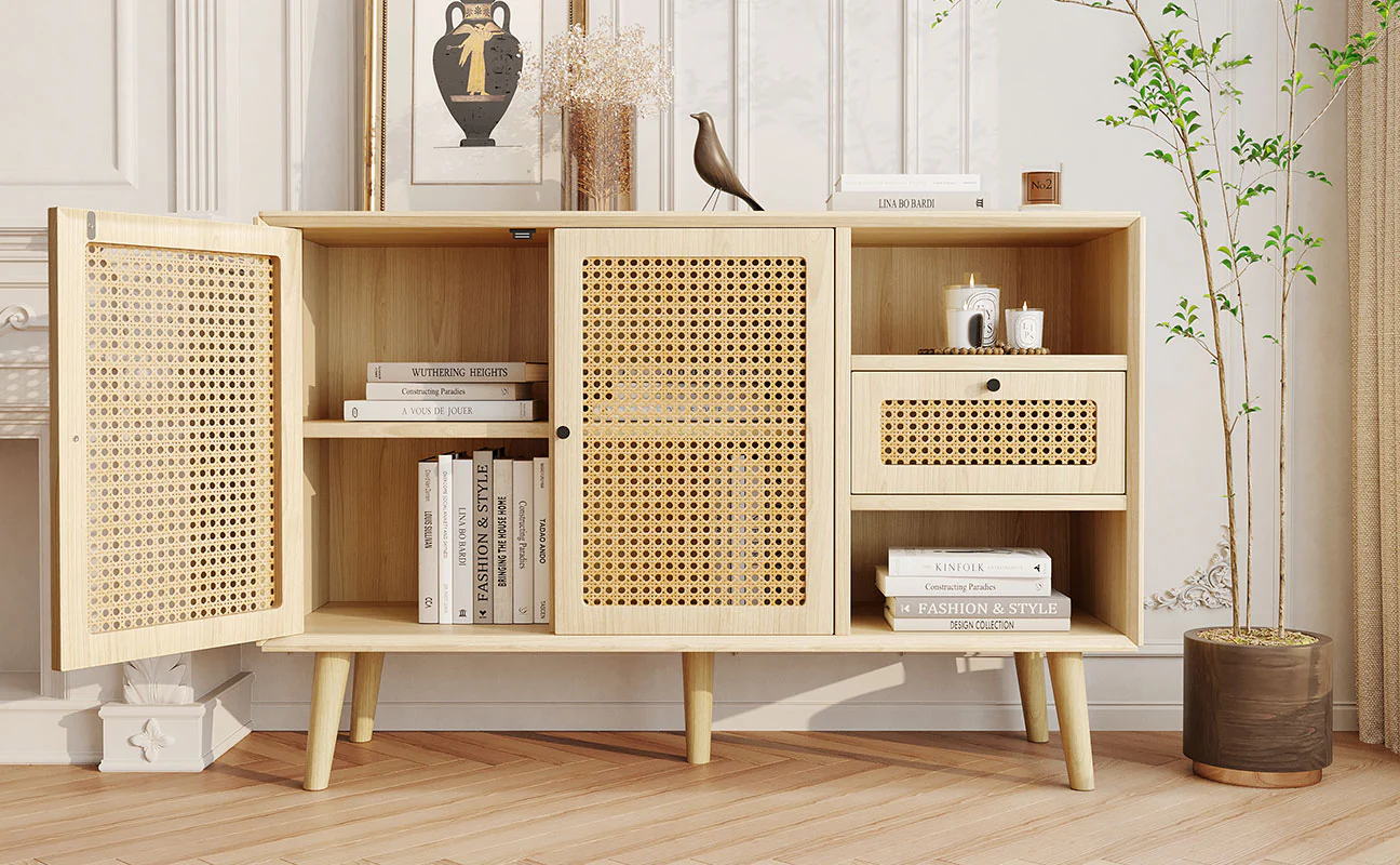 Sideboard with 1 Drawer 2 Rattan Magnetic Doors Adjustable Shelves, Oak - Image 6
