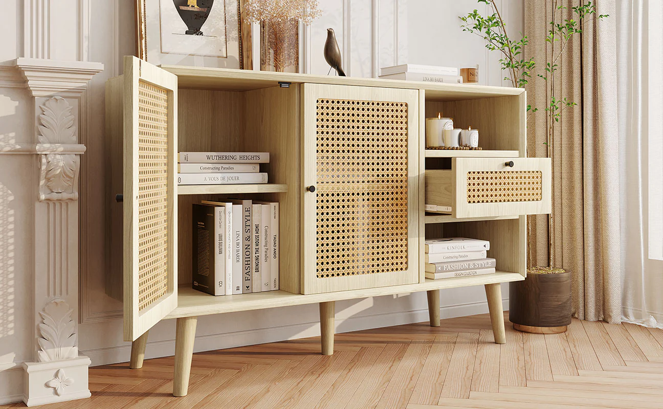 Sideboard with 1 Drawer 2 Rattan Magnetic Doors Adjustable Shelves, Oak - Image 7