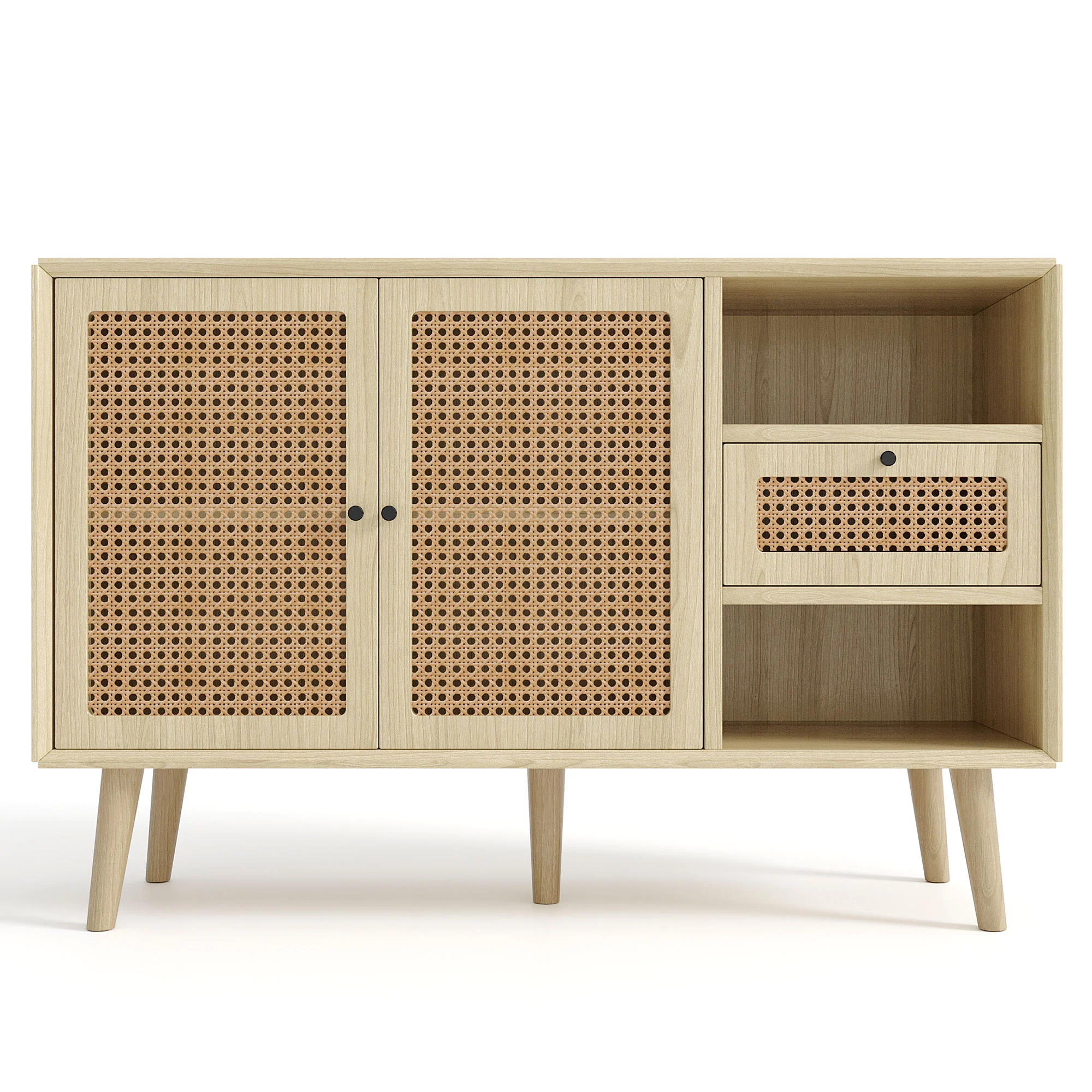 Sideboard with 1 Drawer 2 Rattan Magnetic Doors Adjustable Shelves, Oak - Image 8