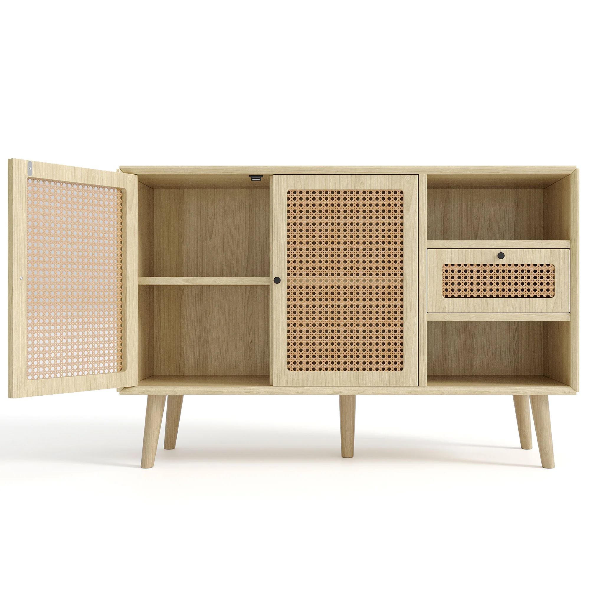 Sideboard with 1 Drawer 2 Rattan Magnetic Doors Adjustable Shelves, Oak - Image 9