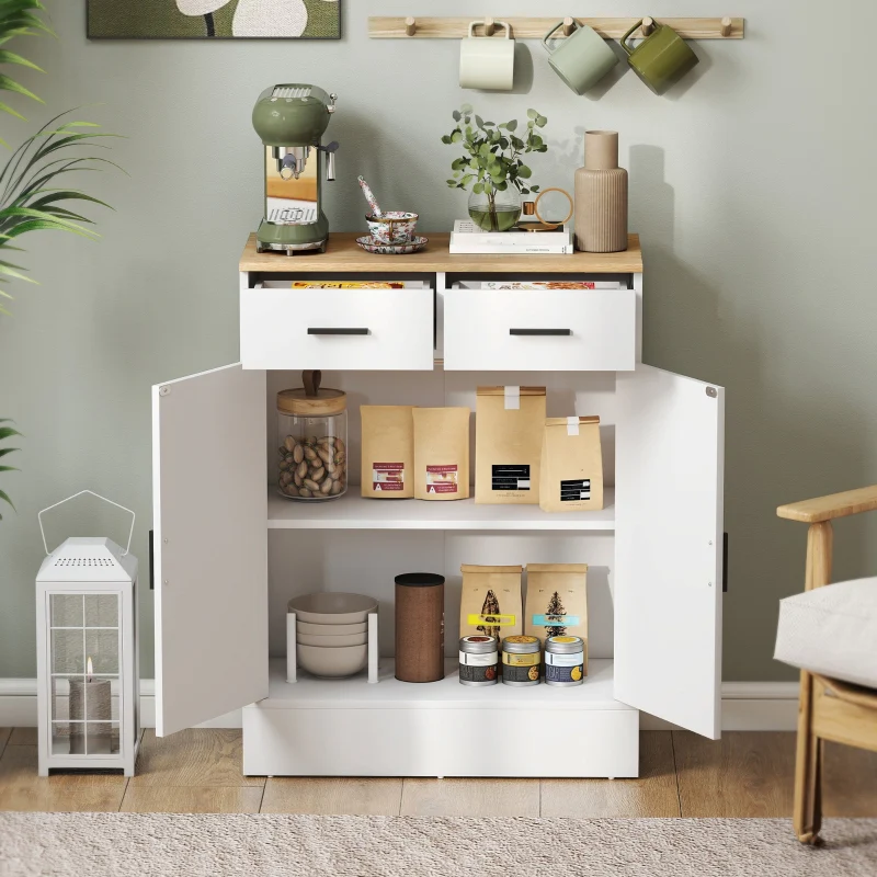 Sideboard with 2 Drawers & Adjustable Shelf Storage - Natural Wood/White - Image 4