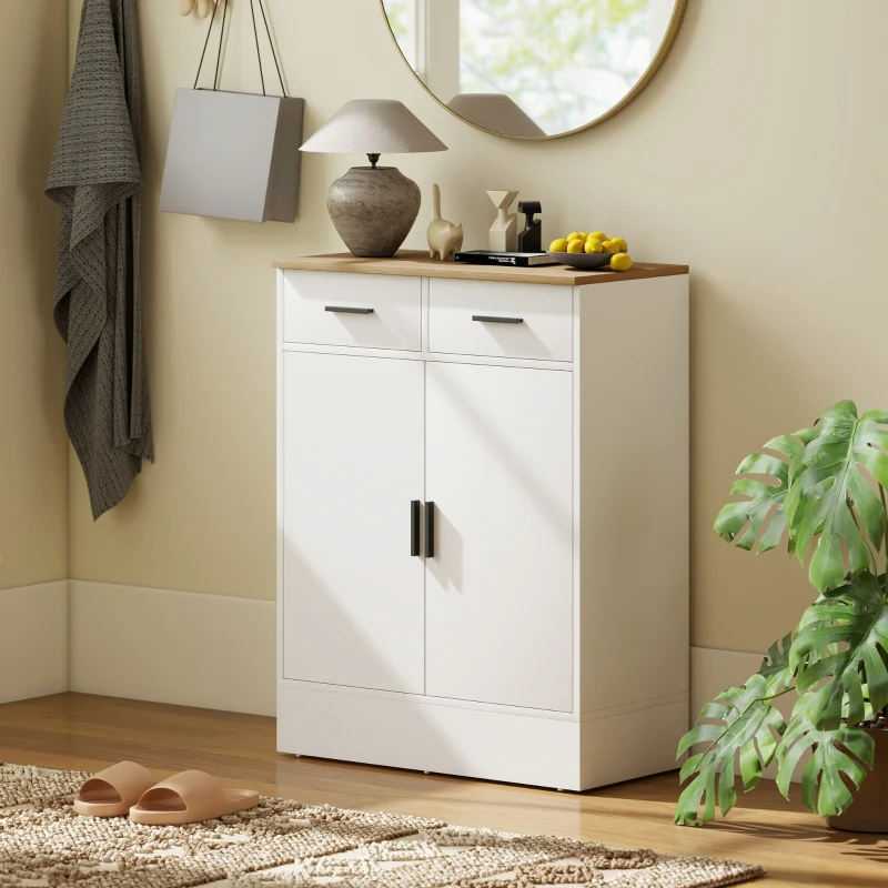 Sideboard with 2 Drawers & Adjustable Shelf Storage - Natural Wood/White - Image 5