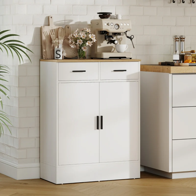 Sideboard with 2 Drawers & Adjustable Shelf Storage - Natural Wood/White - Image 6