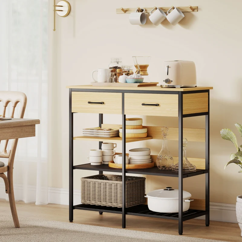 Sideboard with 2 Drawers and 3 Open Shelves 90x91cm Natural Wood - Image 6