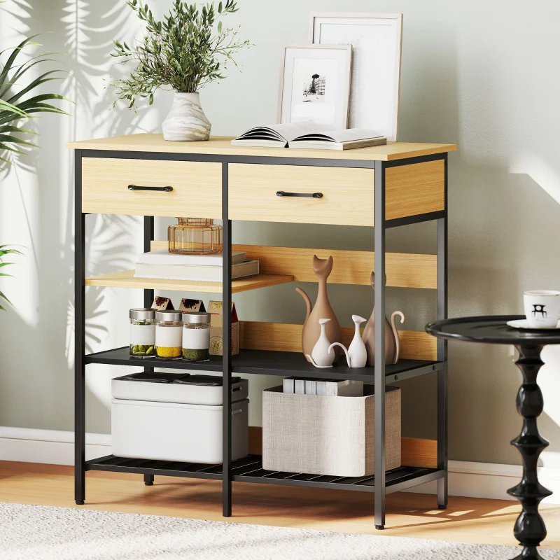 Sideboard with 2 Drawers and 3 Open Shelves 90x91cm Natural Wood - Image 7